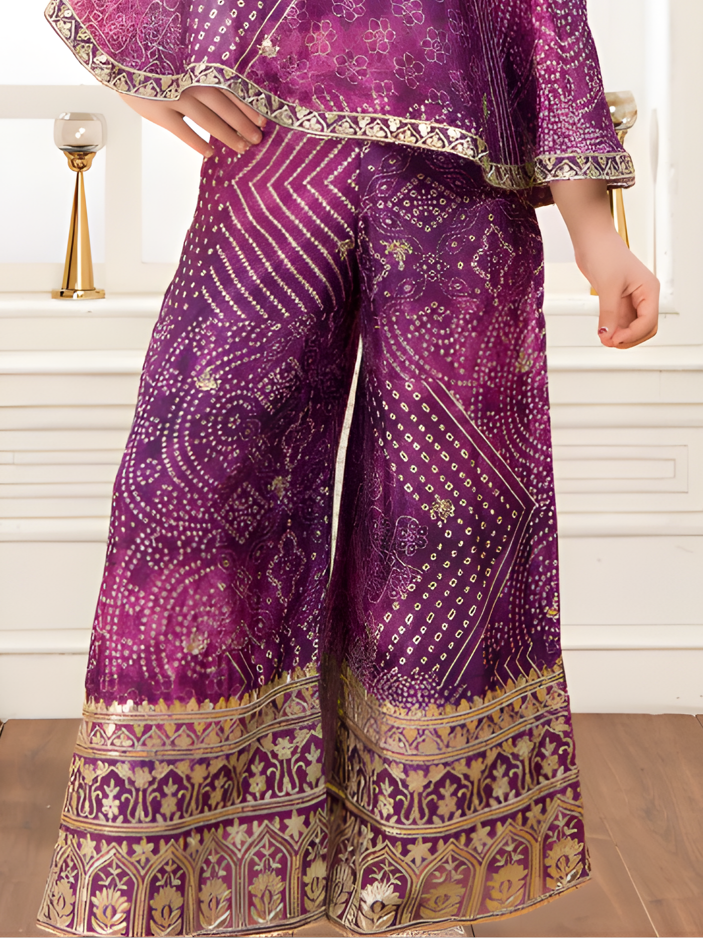 Girls' Bandhani Print Cape Top and Palazzo Set (Royal Purple)