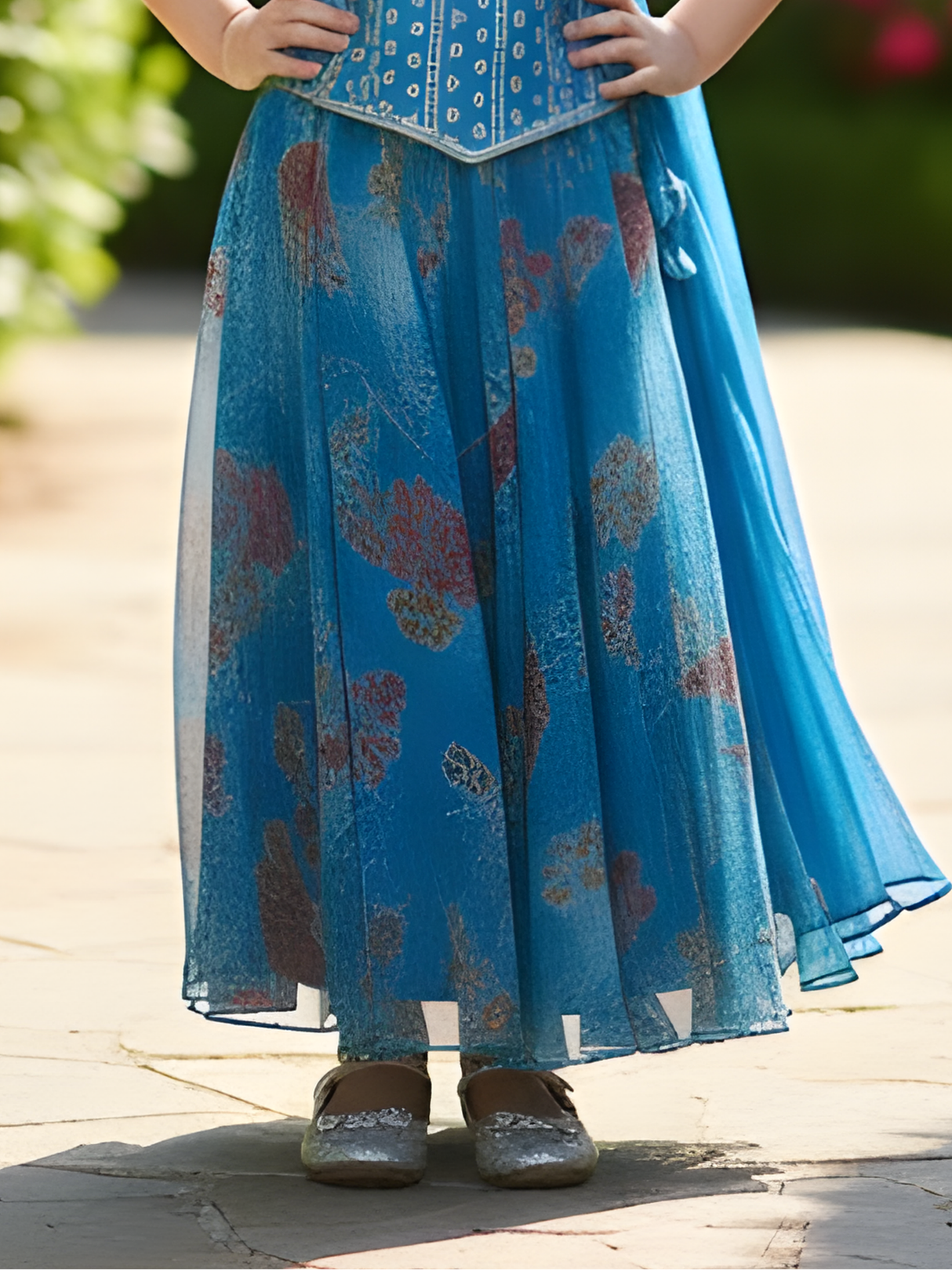 Girls' Geometric Embroidered Top and Floral Blue Lehenga Set