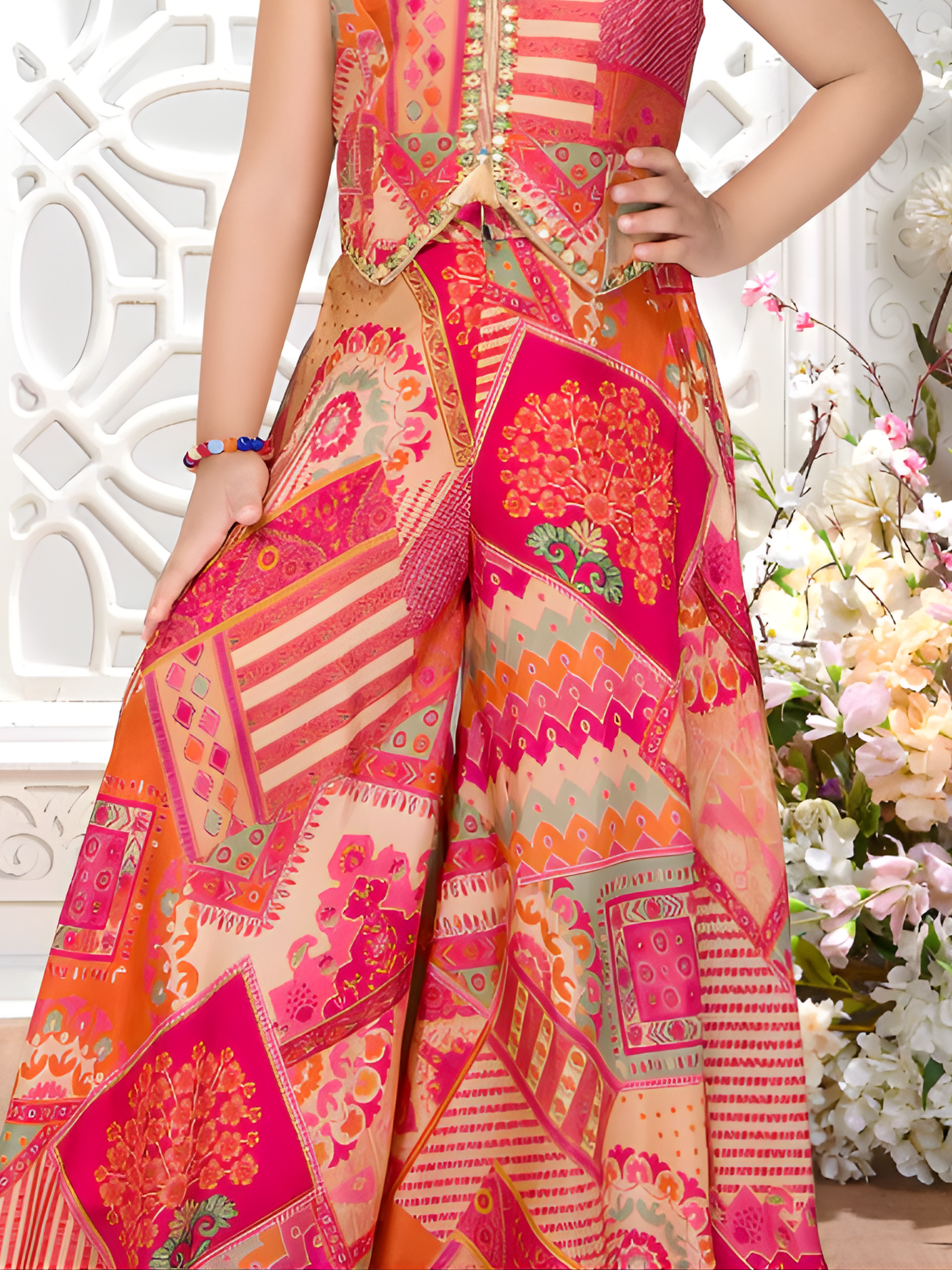 Girls' Red & Pink Printed Jumpsuit with Attached Vest