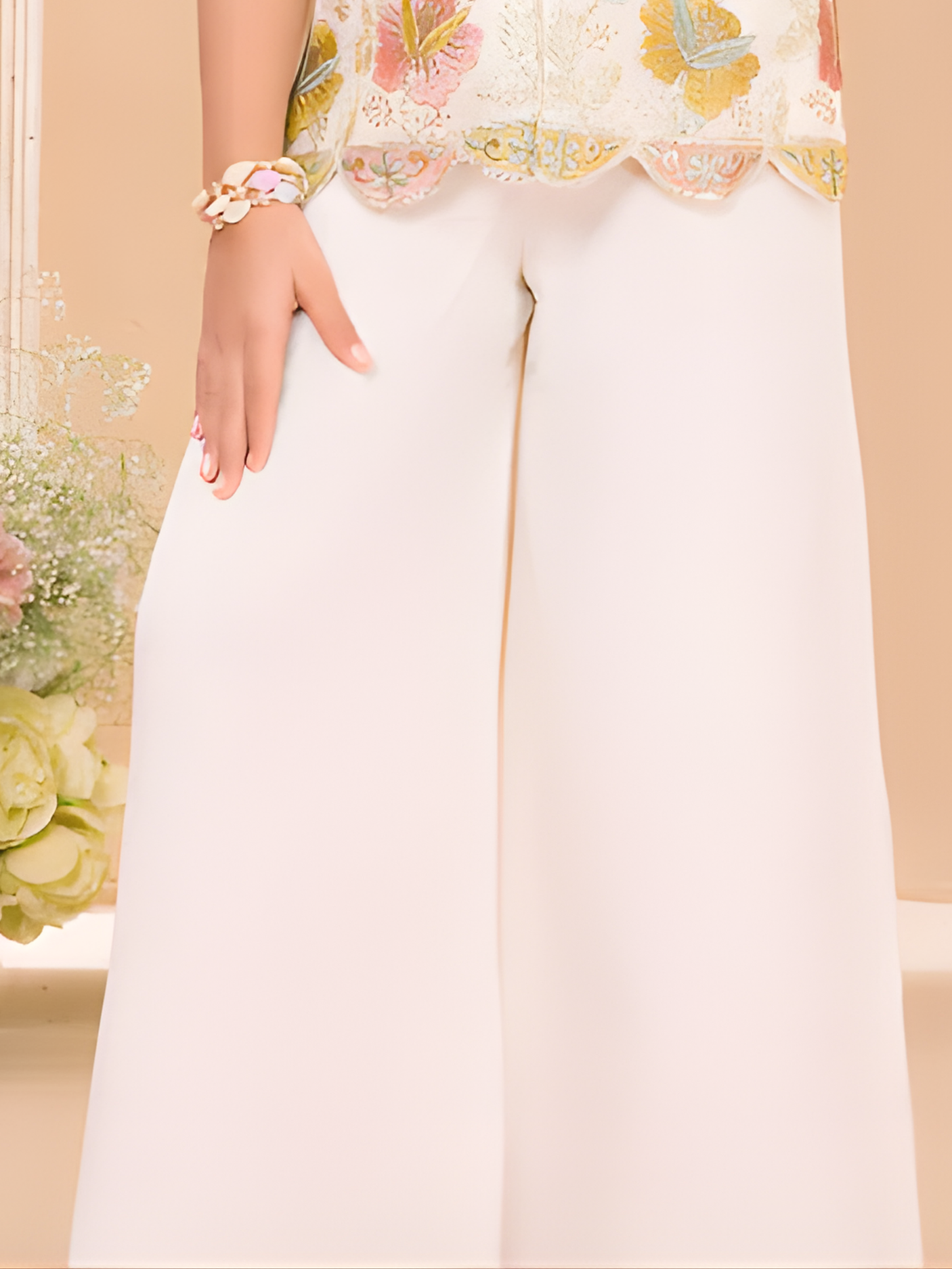Girls Cream V-Neck Peplum Top with Floral Embroidery and Palazzo Set