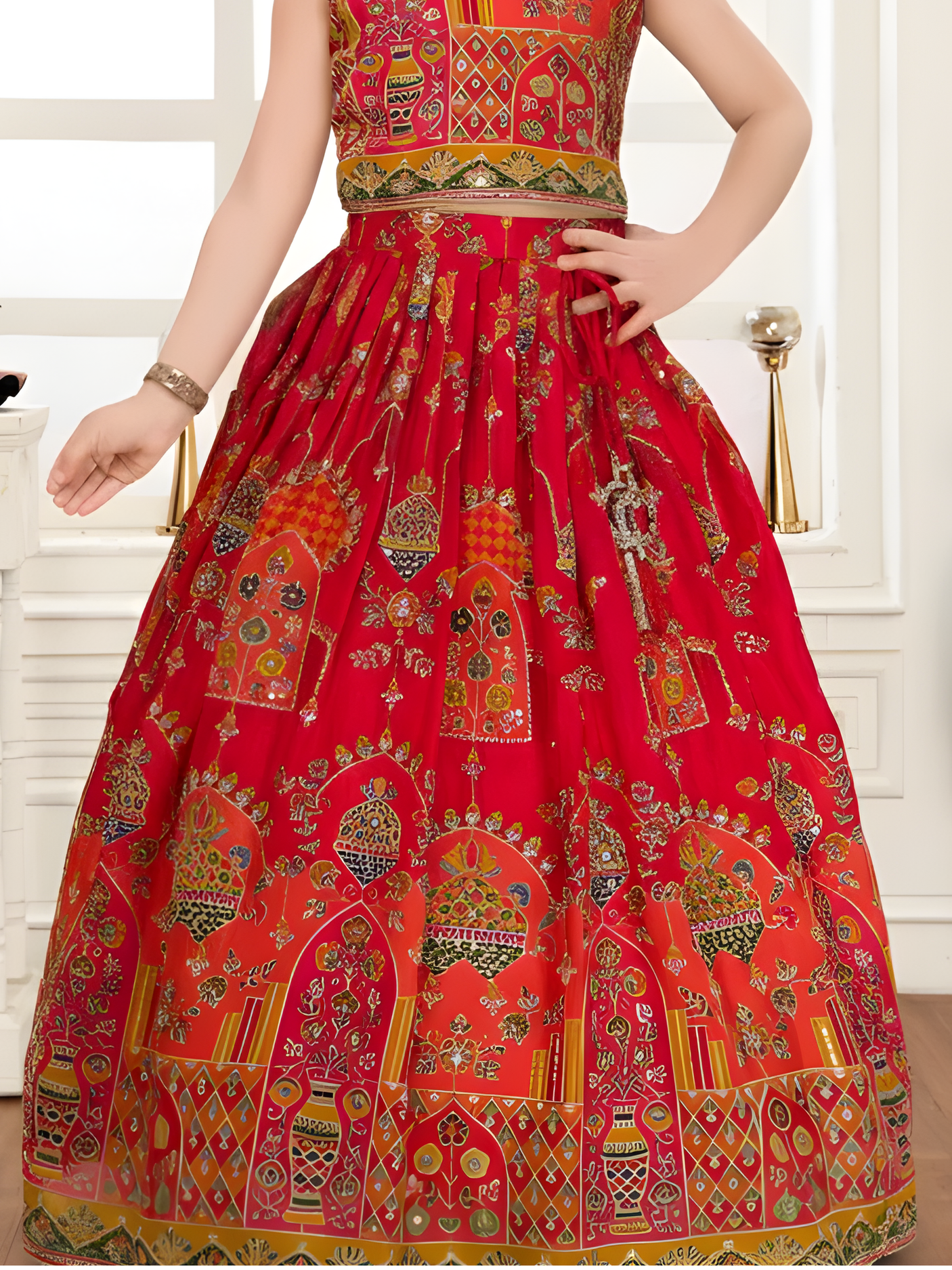 Girls' Festive Red Embroidered Choli and Long Printed Lehenga Set
