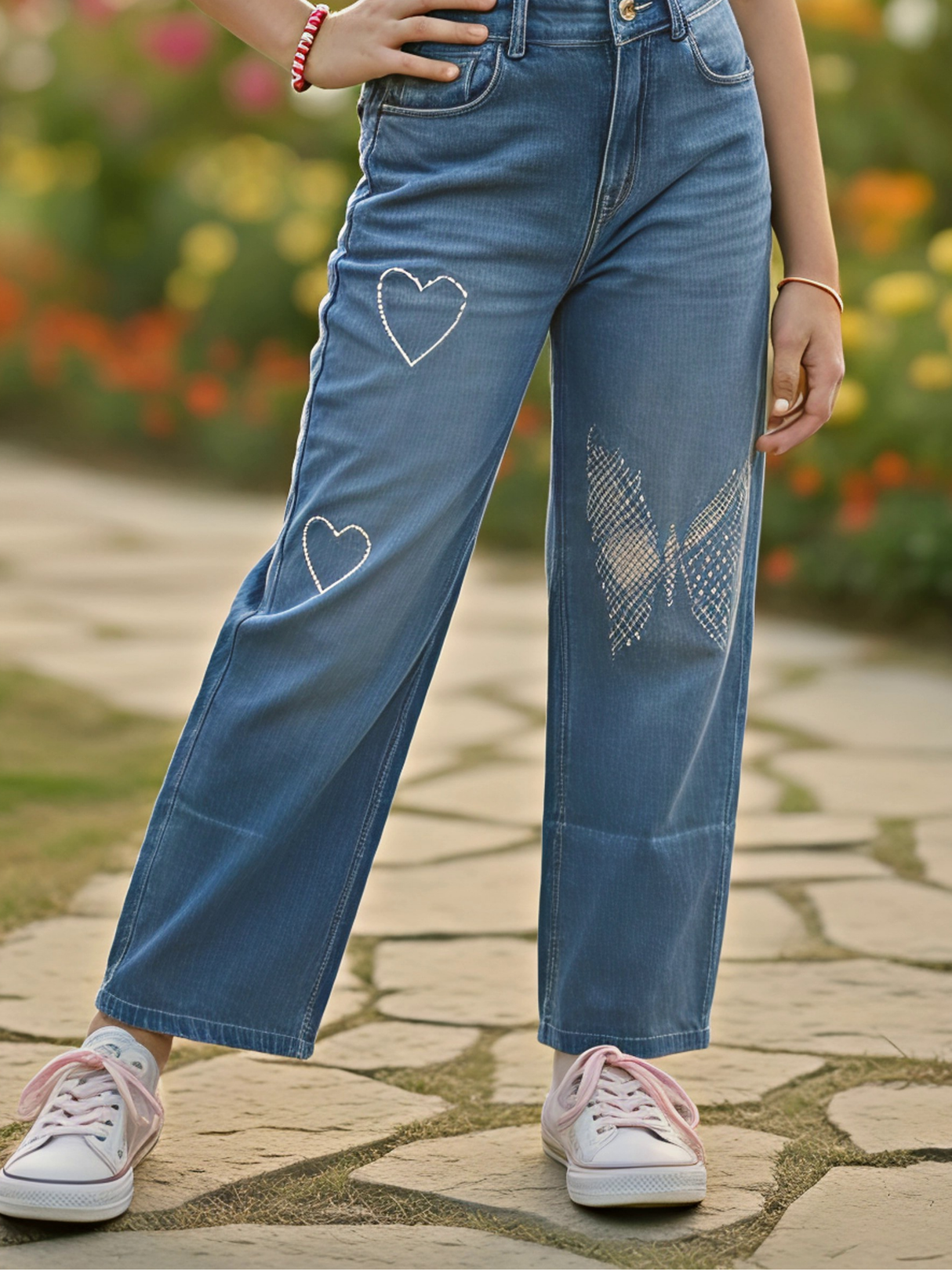 Girls' Embellished Blue Wide-Leg Denim Jeans