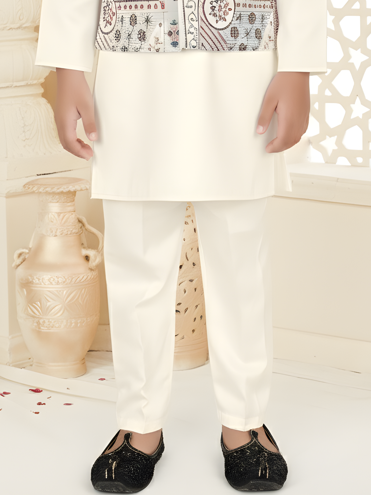 Boy's Cream Kurta Set with Multicolor Printed Nehru Jacket