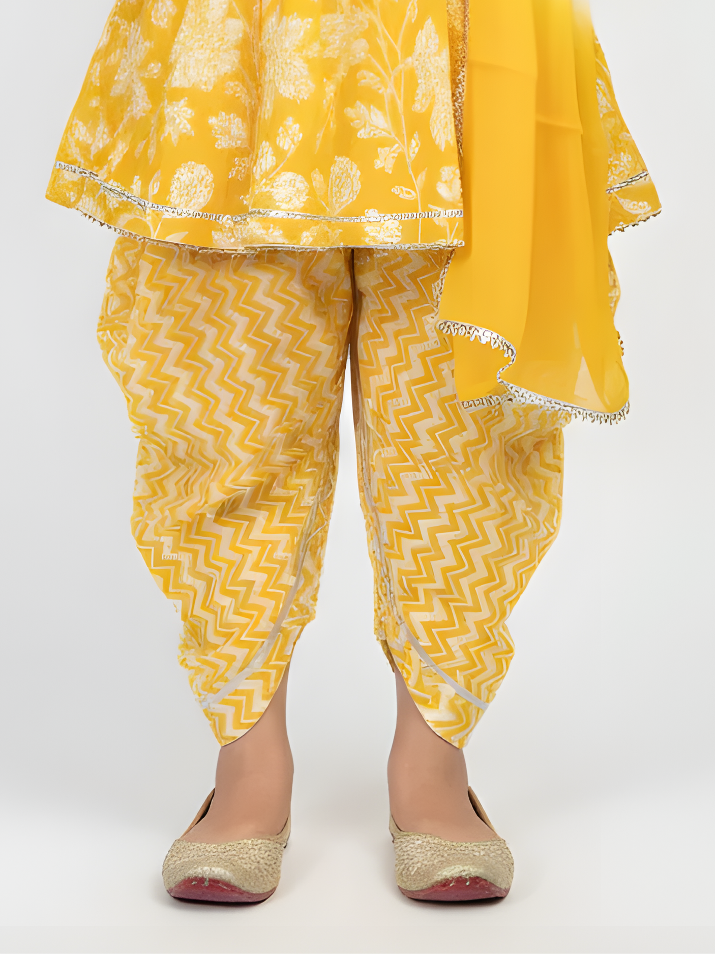 Girls' Yellow Floral Print Angrakha Kurta & Dhoti Pants Set with Dupatta.