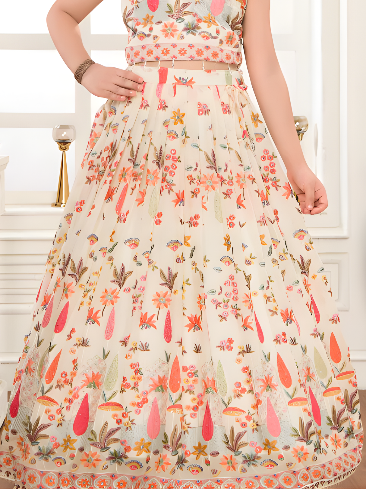 Girls' Floral Embroidered Lehenga Choli Set (Cream/Off-White)