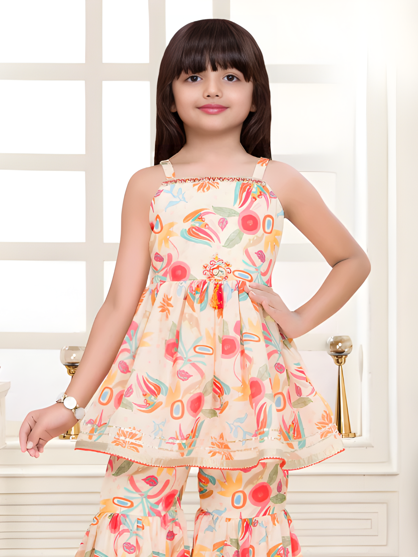 Girls' Cream Floral Print Peplum Top and Sharara Set.