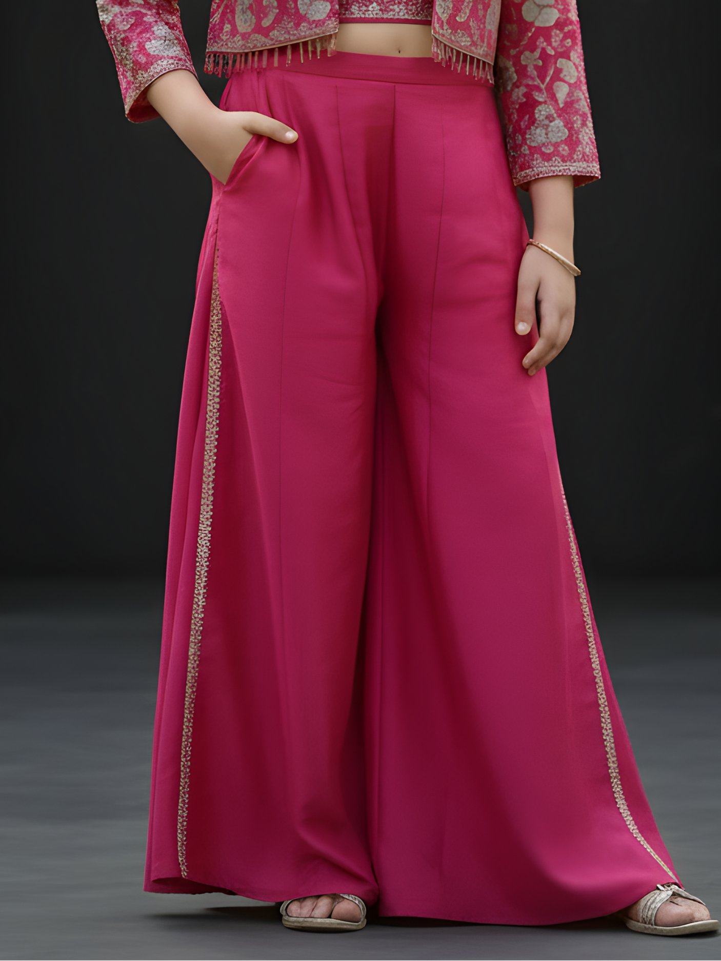 Girls Rani Pink Embroidered Jacket and Palazzo Set