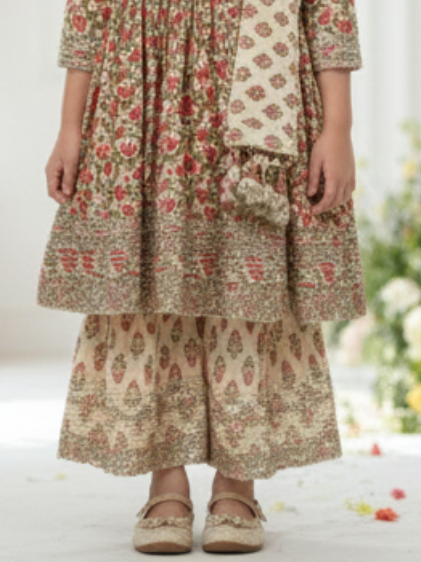 Girls' Elegant Cream Block Print Kurti, Sharara, and Dupatta Set with Heavy Embroidery