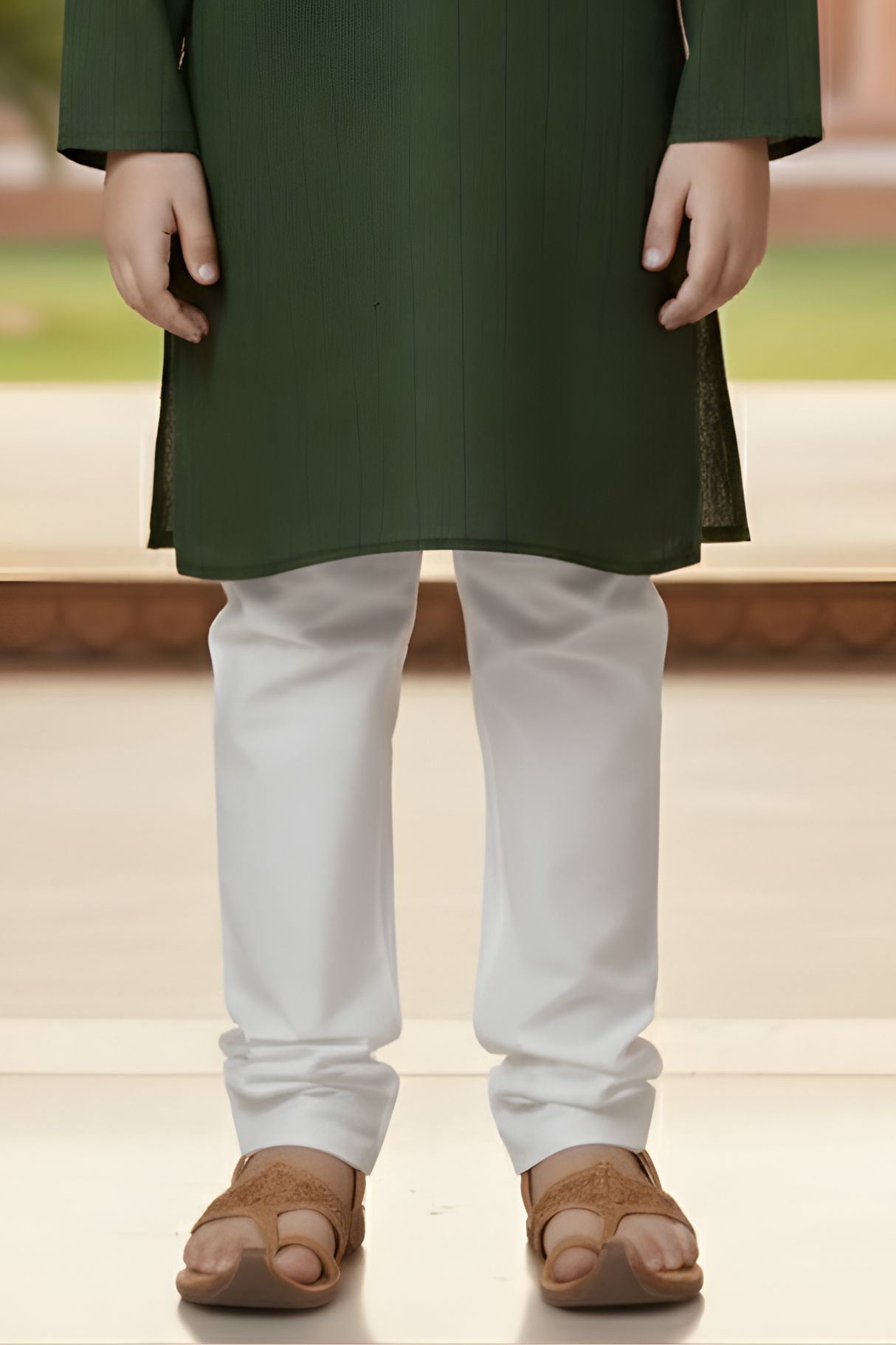 Boys' Dark Green Self-Design Kurta and White Pajama Set