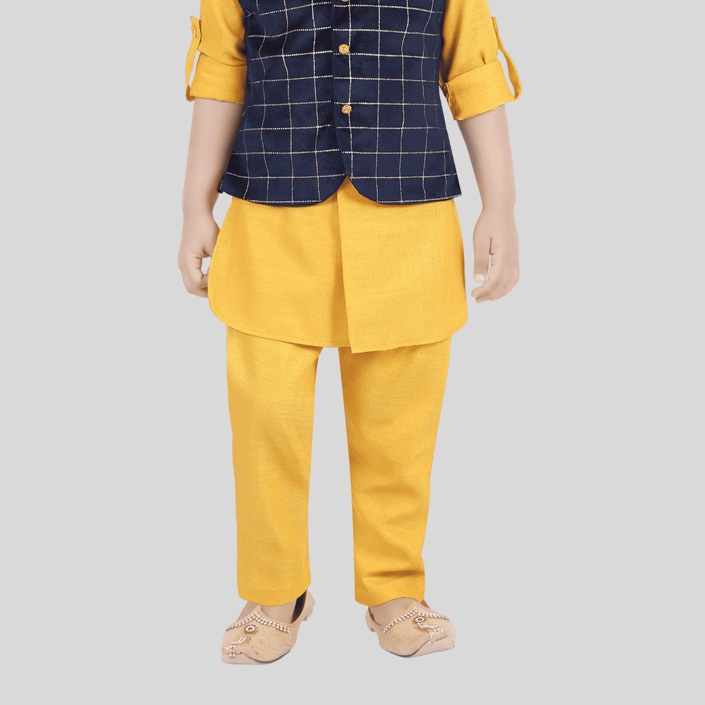 Boys Traditional Checks Chudidar Kurta with Koti - Navy Blue