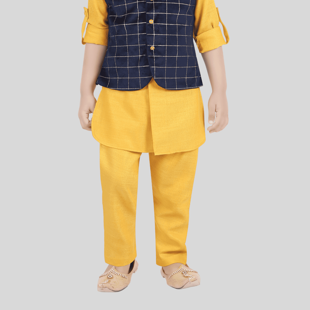 Boys Traditional Checks Chudidar Kurta with Koti - Navy Blue