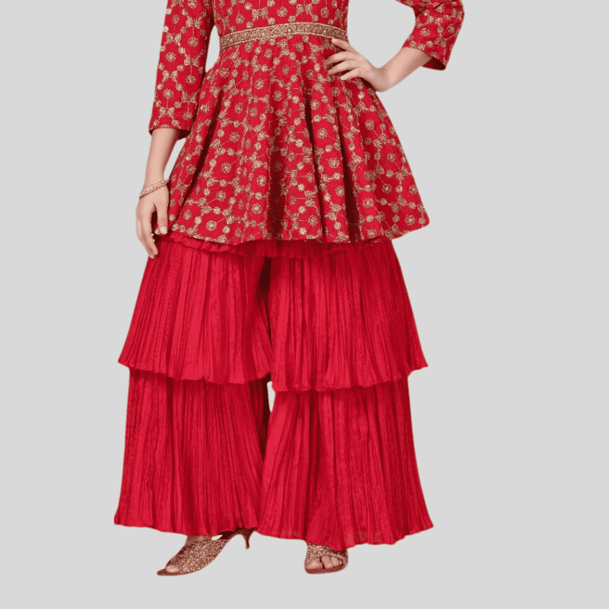 Girls Traditional 3/4th Sleeves Ghagara Set - Red