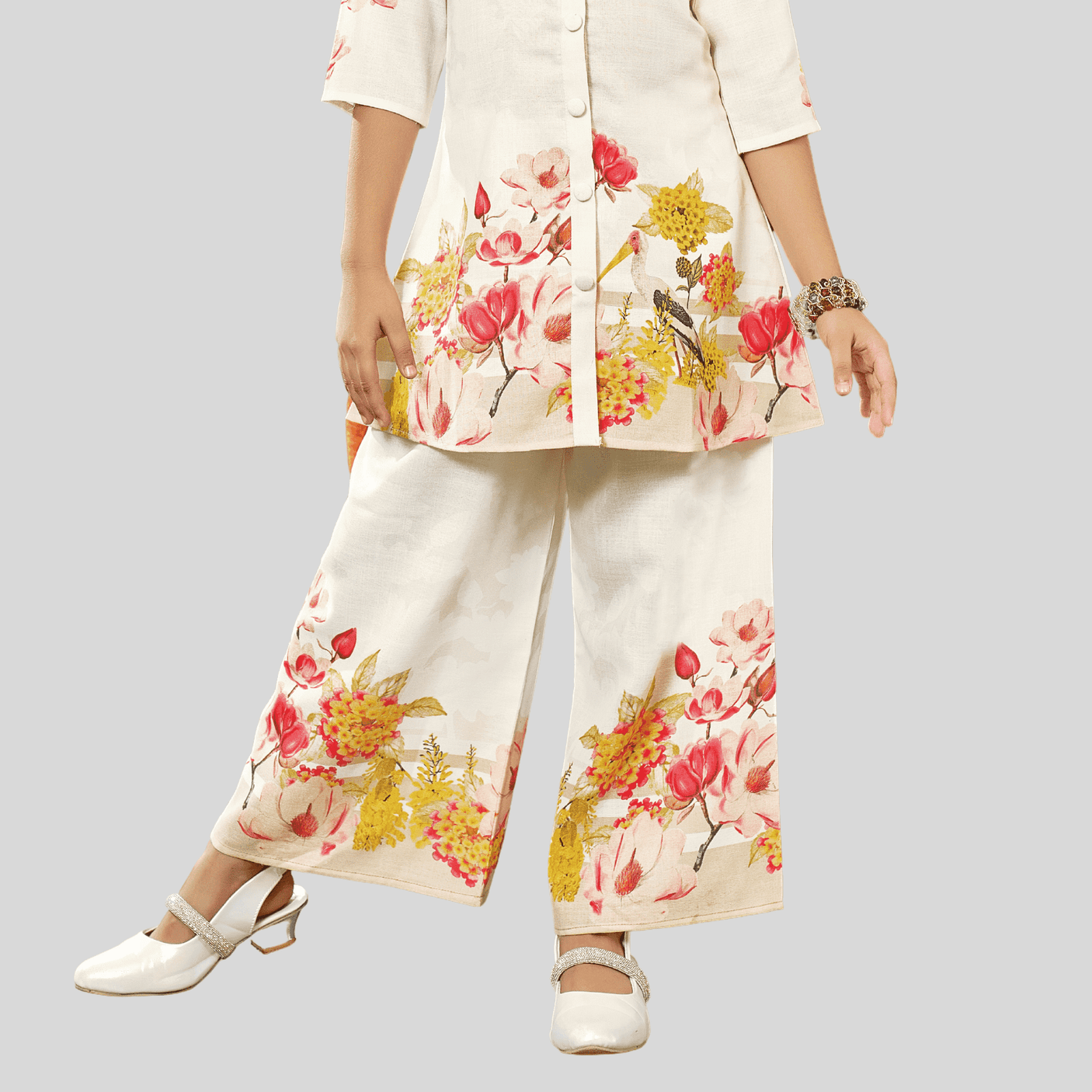 Girls Traditional 3/4th Sleeves Plazo Set - Cream