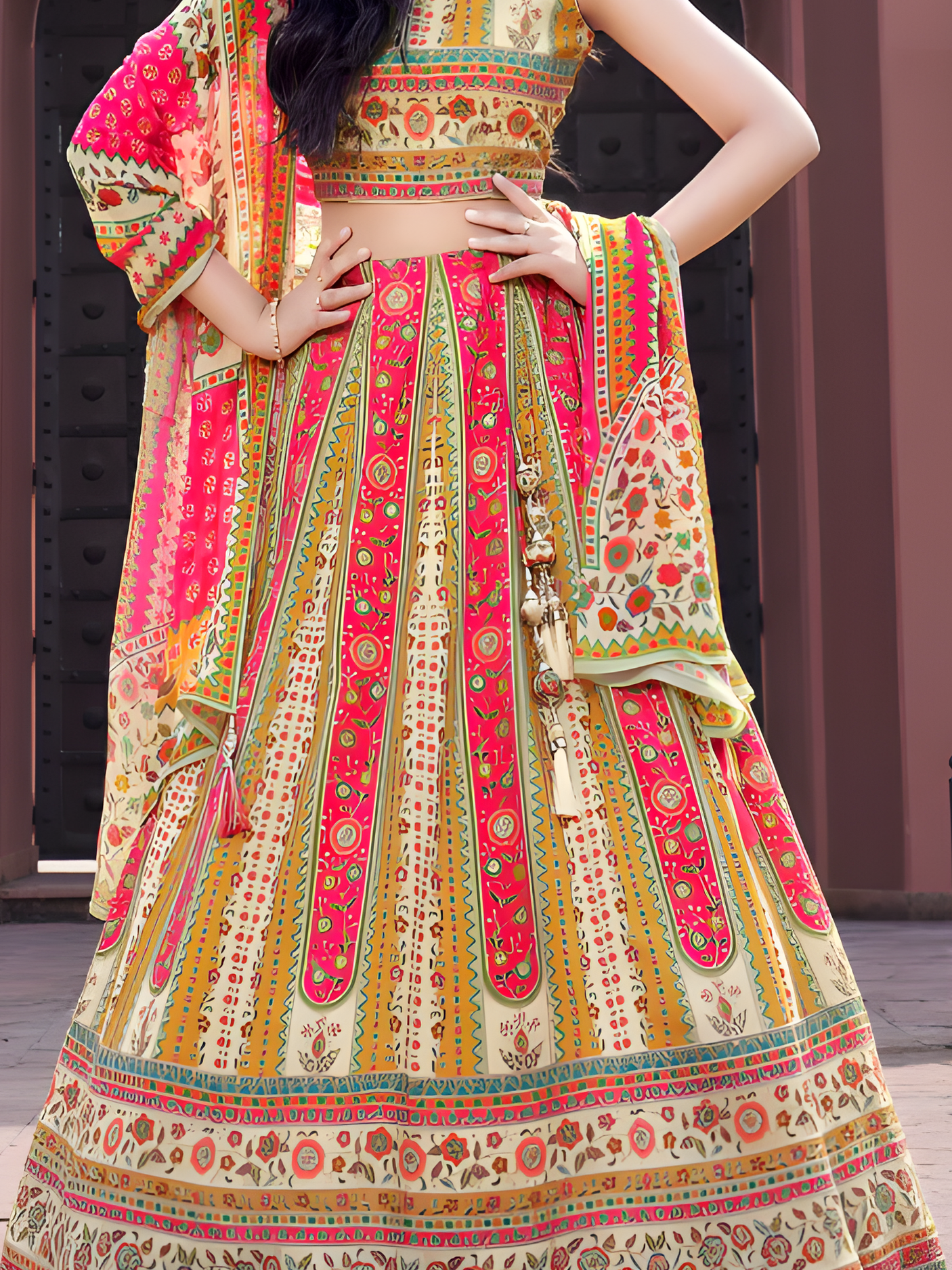 Women's Cream & Pink Rajasthani Print Silk Lehenga Choli Set
