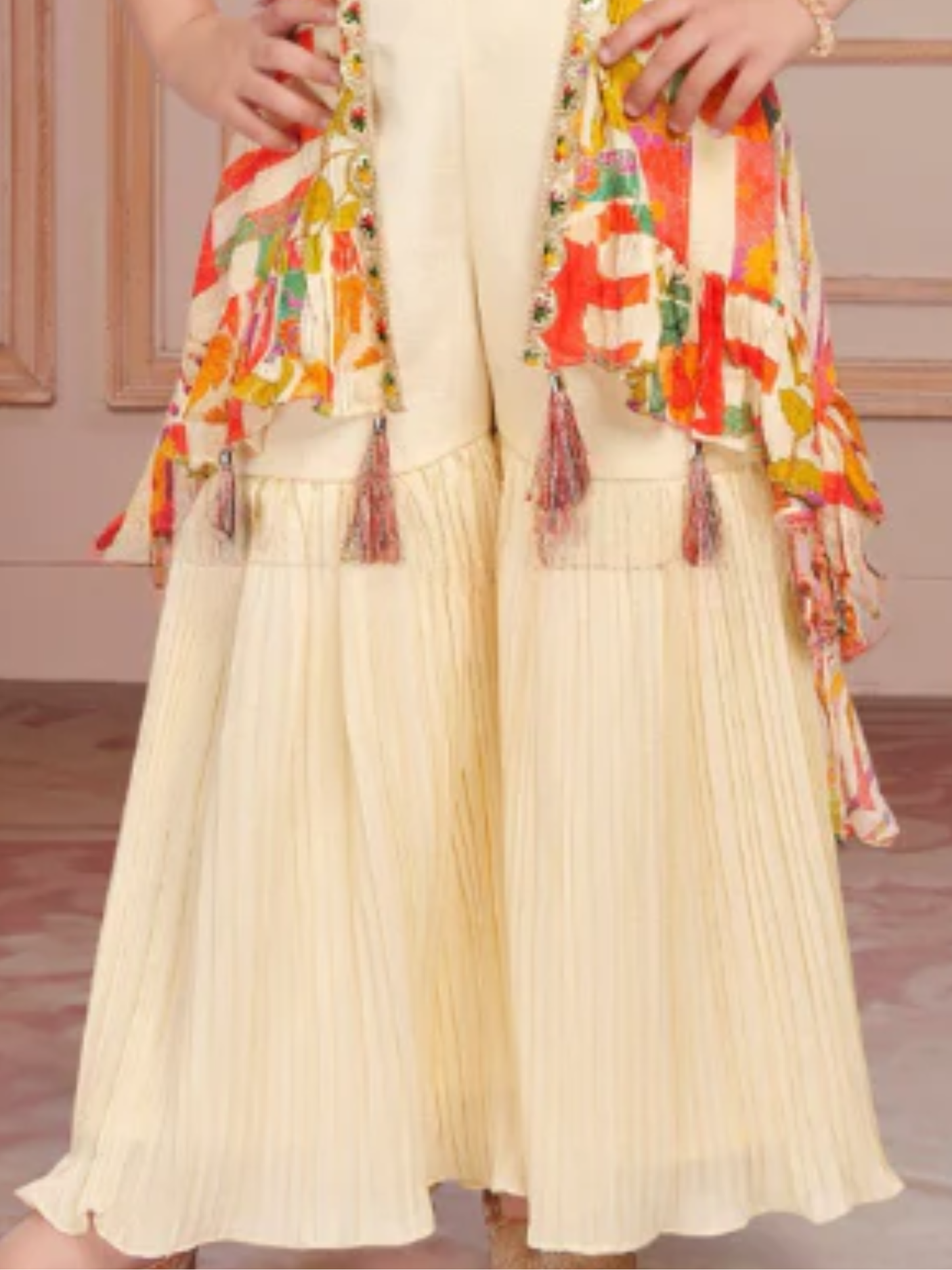 Girls Traditional Sleeves Less Sharara Set - Cream