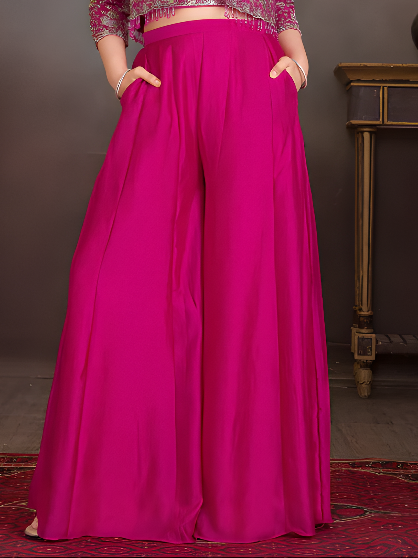 Girls' Rani Pink Floral Print Lehenga Choli Set with Bell Sleeves