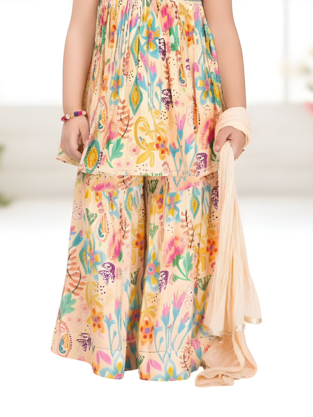The Whimsical Meadow Floral Peasant Garara Set (Cream Multi).