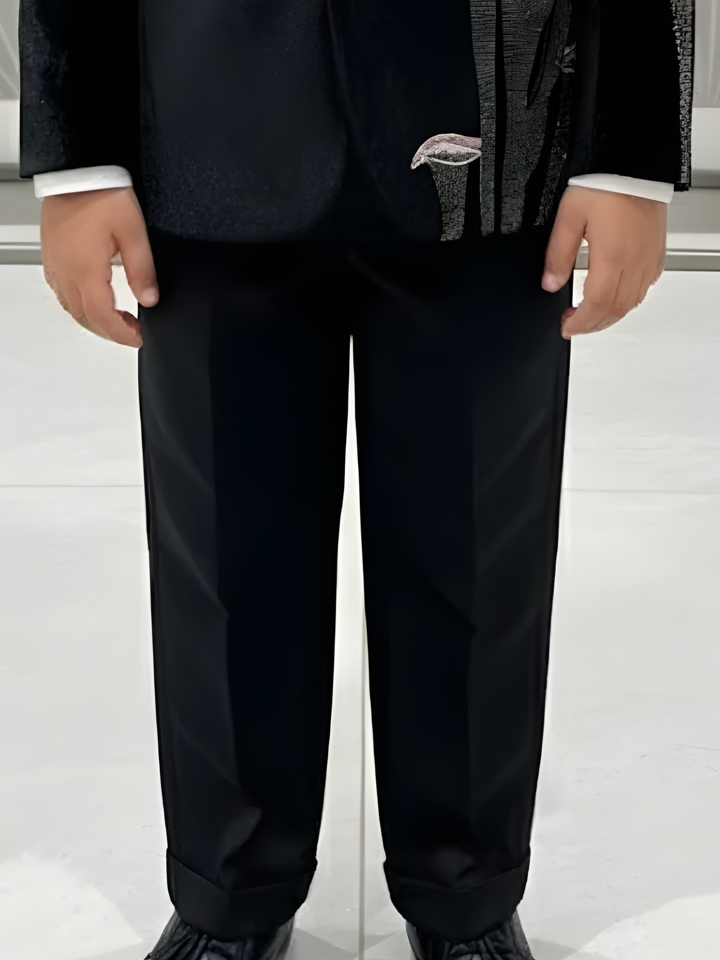 Boys' Midnight Black Velvet Blazer Suit with Pink Floral Embroidery