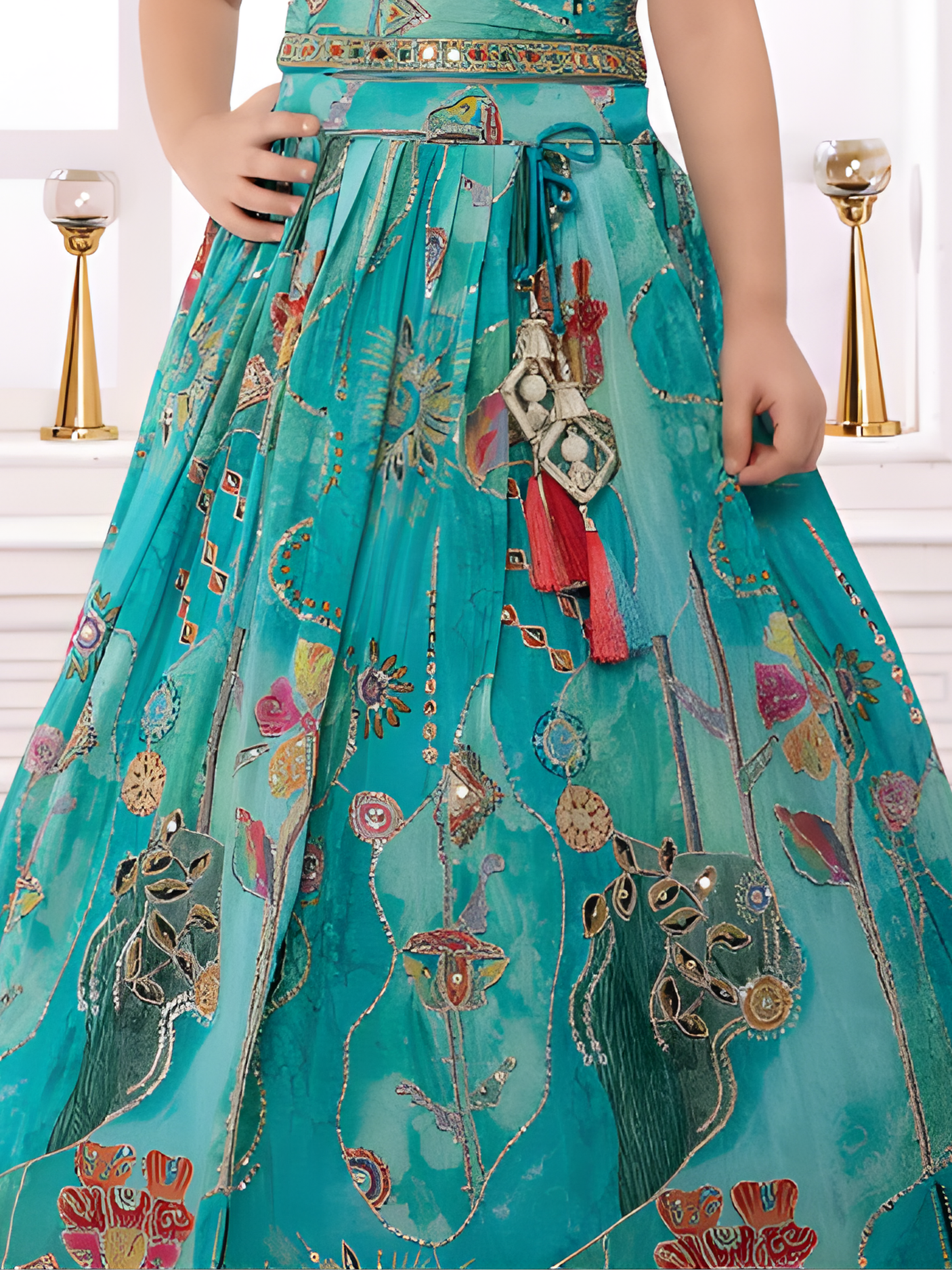Girls' Vibrant Aqua Blue Floral Print Lehenga Choli Set with Mirror Work
