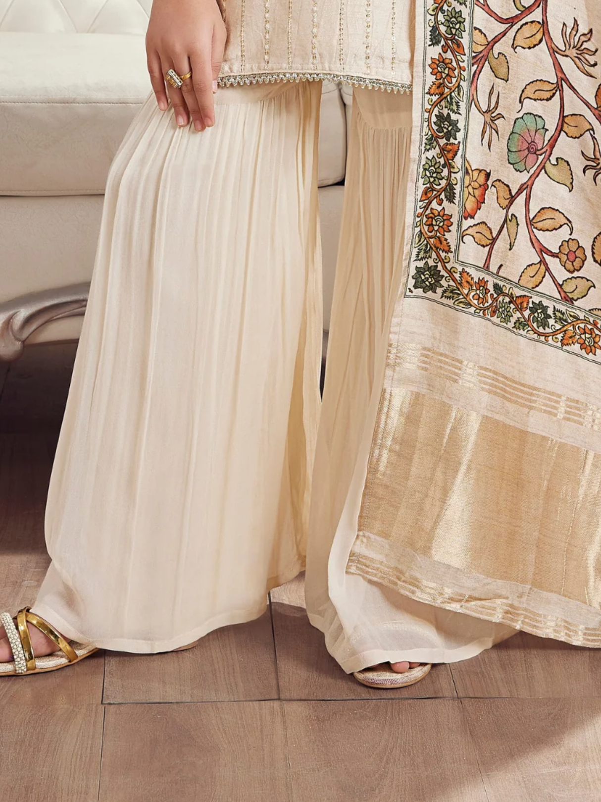 Girls' Premium Cream Gharara Suit with Heavy Sequin Embroidery & Floral Dupatta