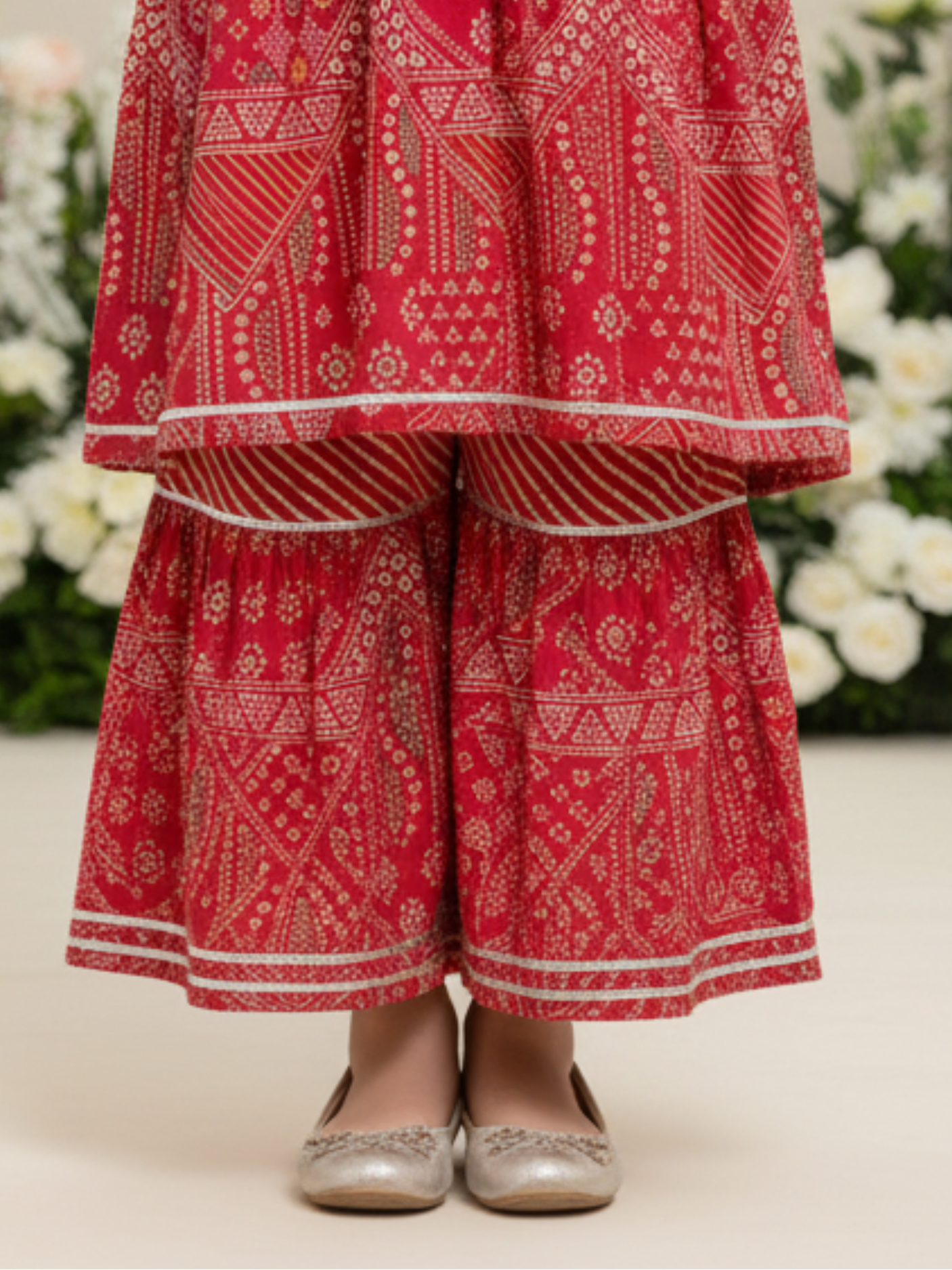 Girls' Festive Red Embroidered Kurti and Tiered Sharara Set