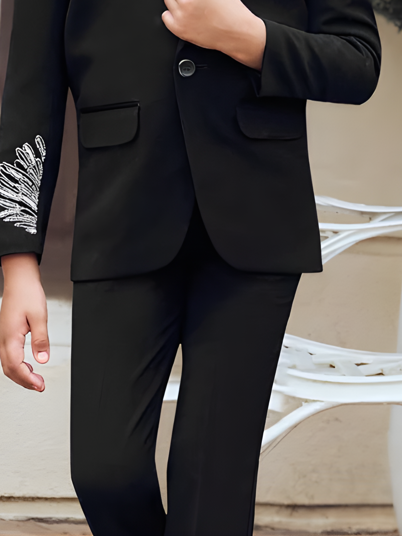 Boys' Black Tuxedo Suit with Silver Feather Shoulder Embroidery