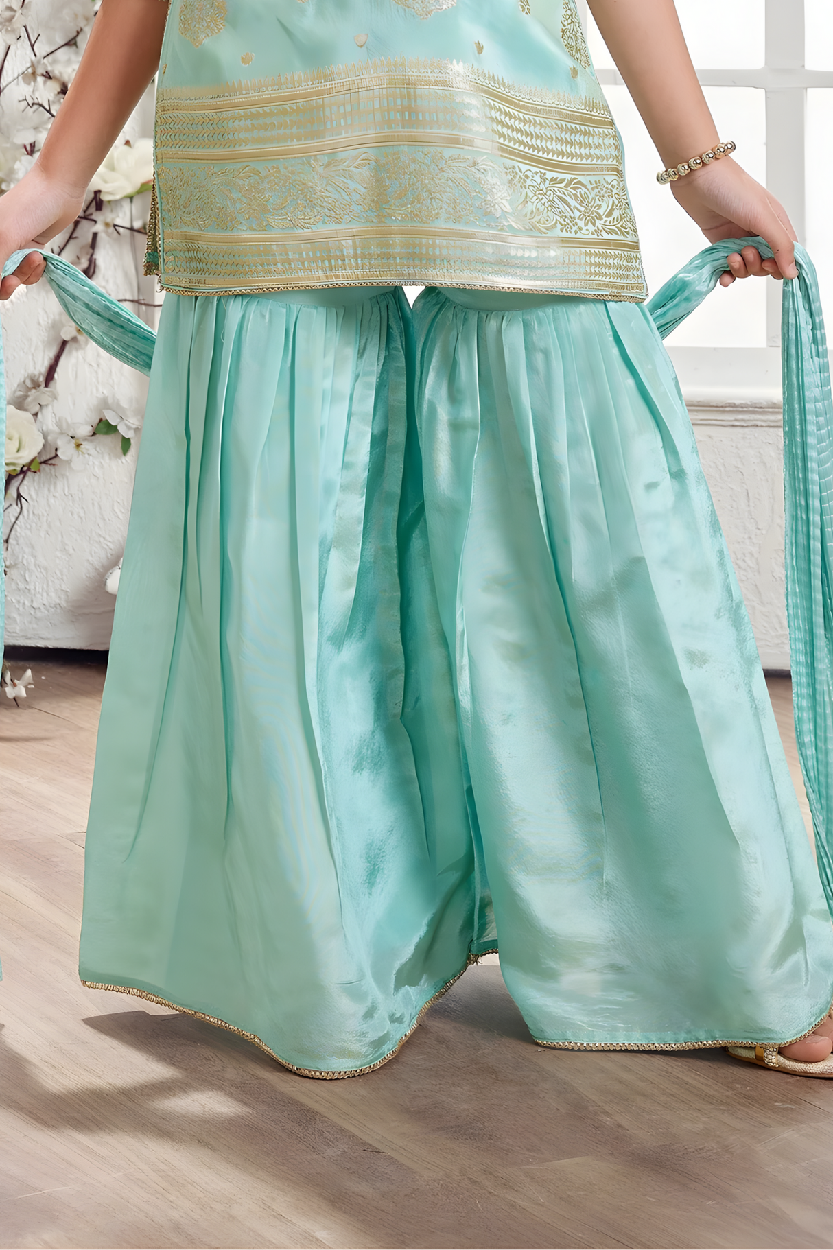 Girls' Mint Green Embroidered V-Neck Kurta and Sharara Set