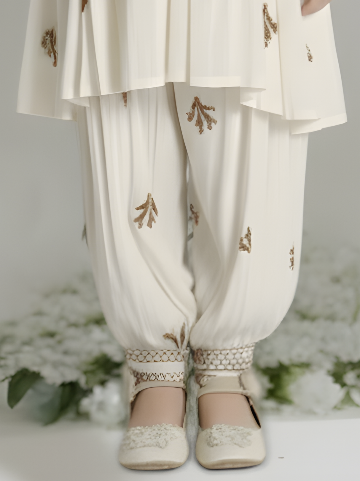 Girls' Chic Cream Pleated Kurti & Dhoti Set with Brown Lucknowi-Style Embroidery