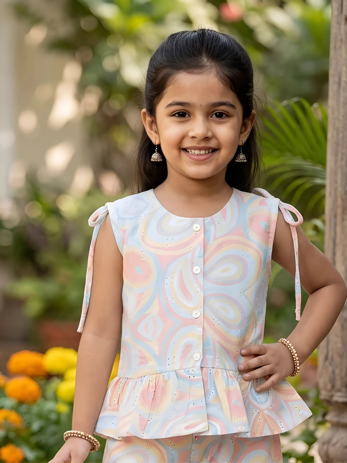 Girls Pink Pastel Swirl Peplum Co-ord Set