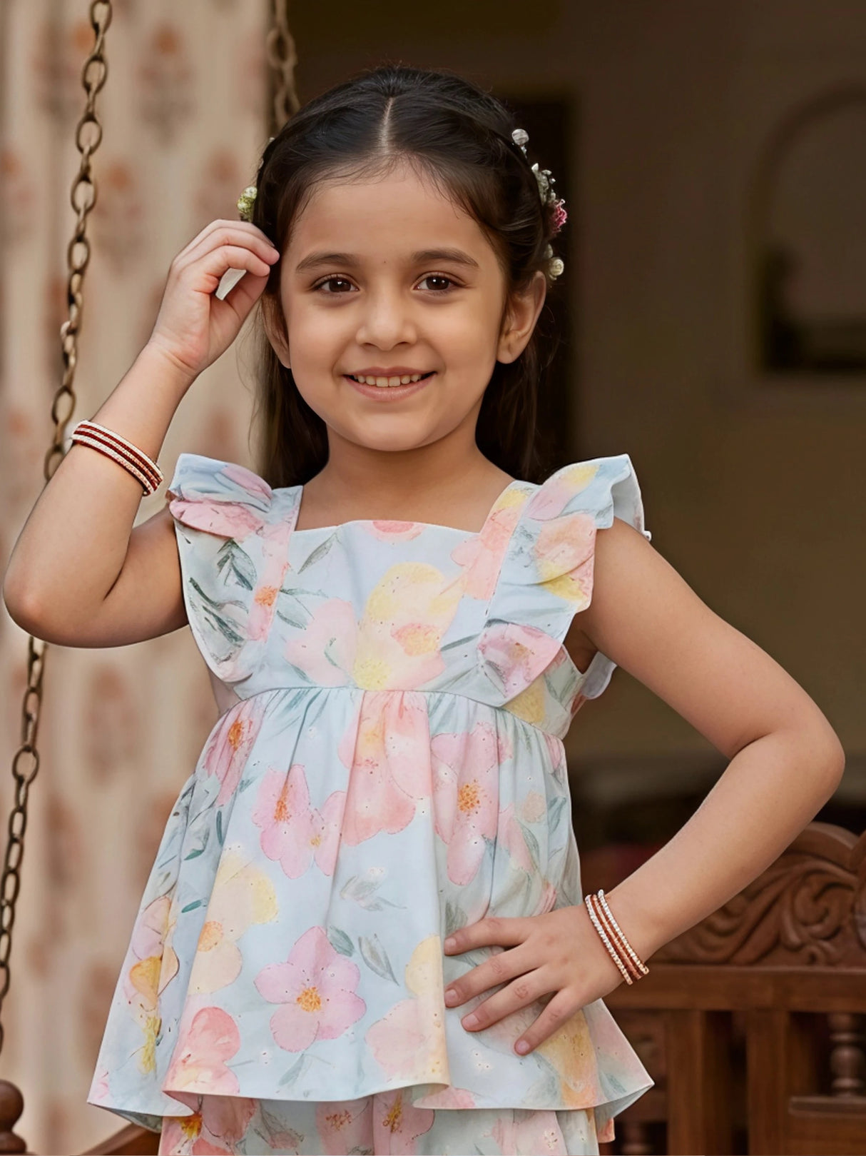 Girls Light Blue Floral Print Ruffle Co-ord Set