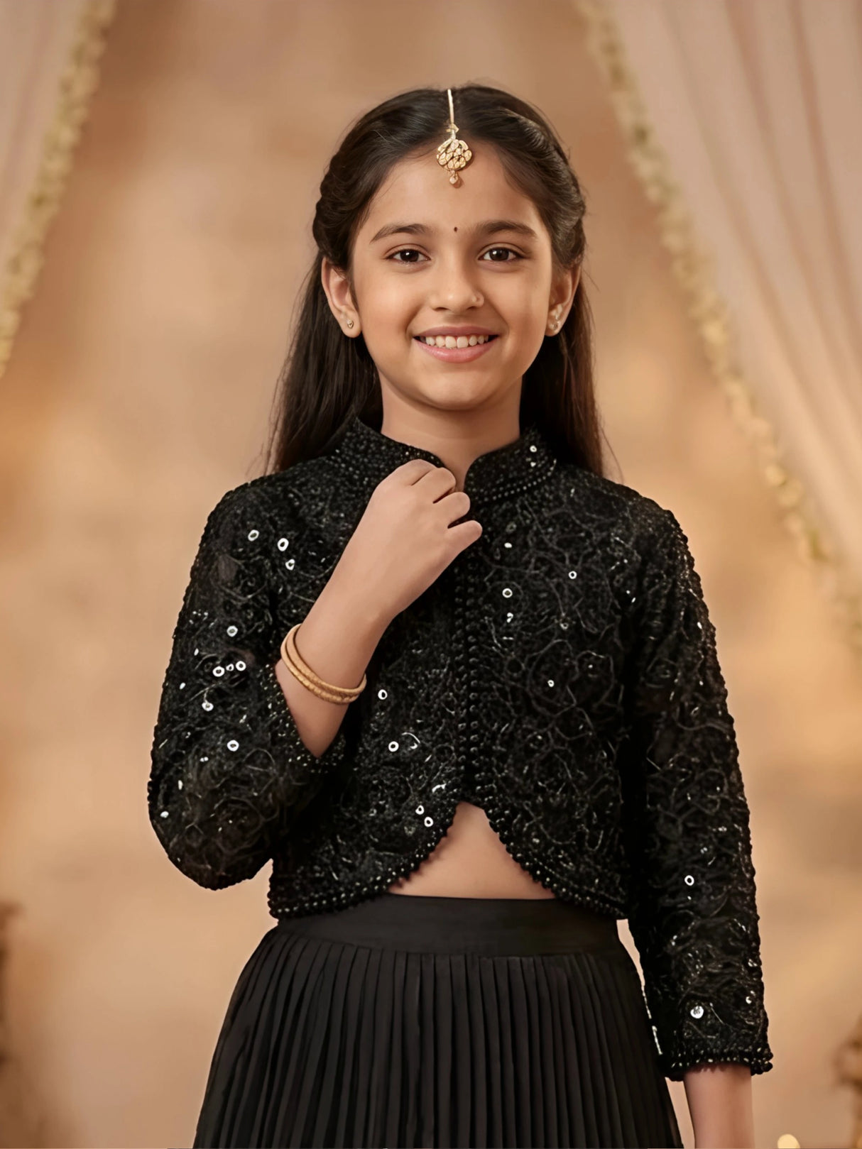 Girls Black Embroidered Jacket Style Choli Set with Pleated Lehenga