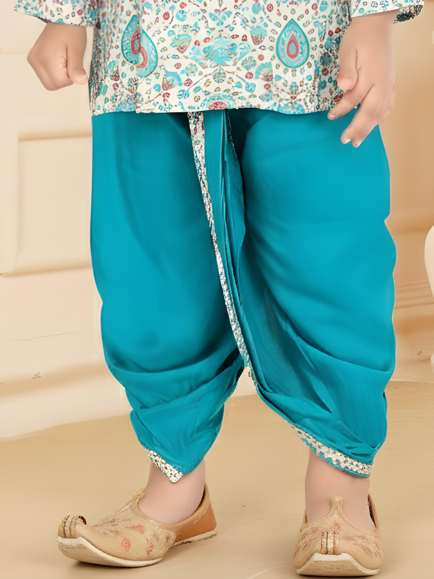 Boys' Cream Printed Kurta and Firozy Blue Dhoti Set