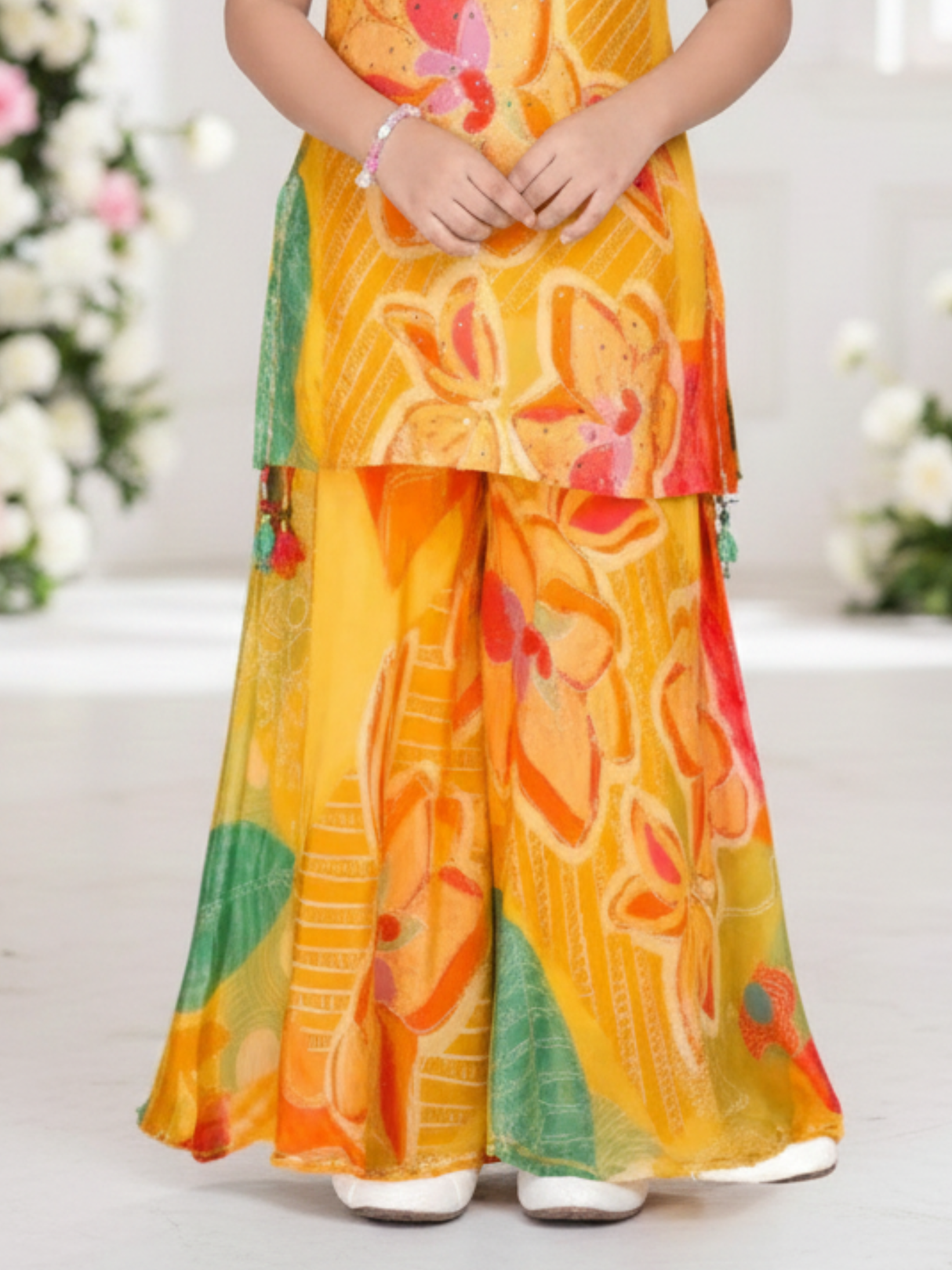 Girls' Bright Yellow Floral Print Camisole Top and Wide-Leg Palazzo Set.