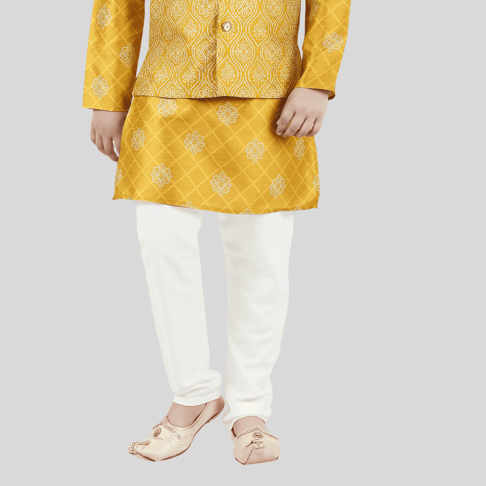 Boys Traditional Printed Chudidar Kurta with Koti - Yellow
