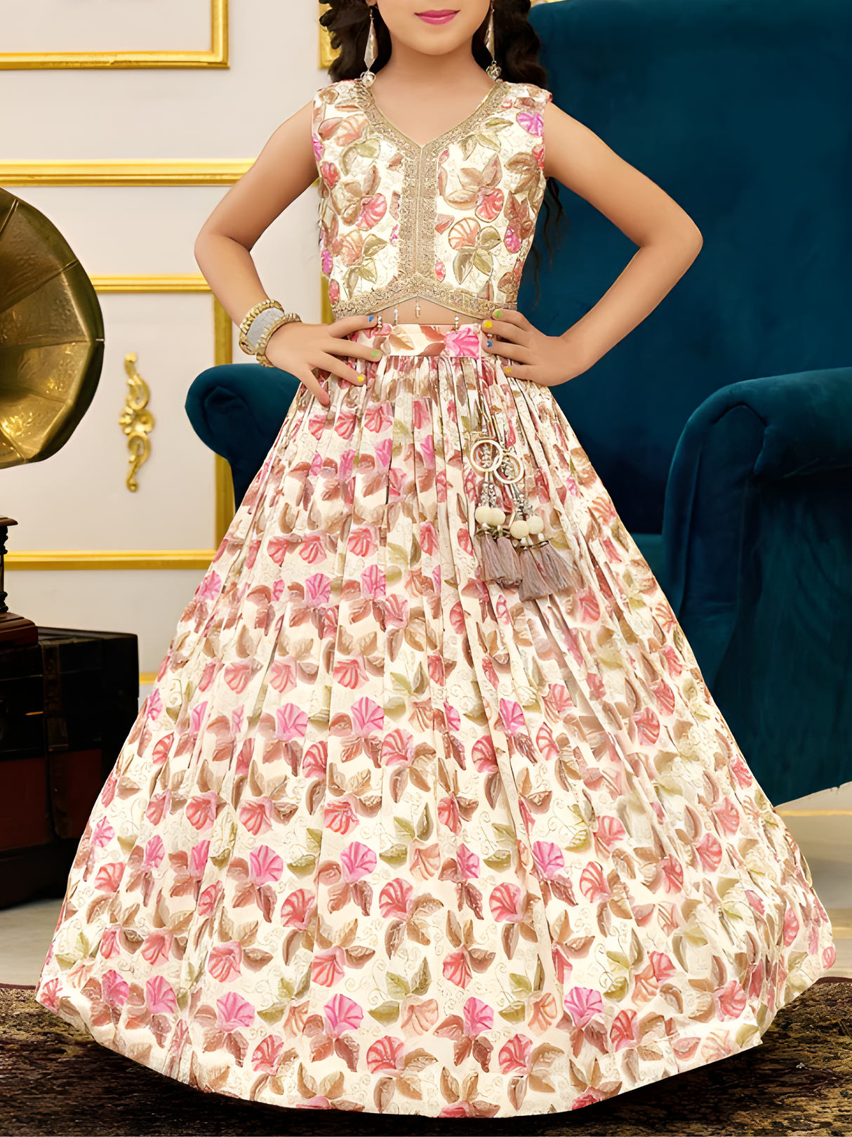 Girls' Teal Multi-Print Festive Lehenga Choli