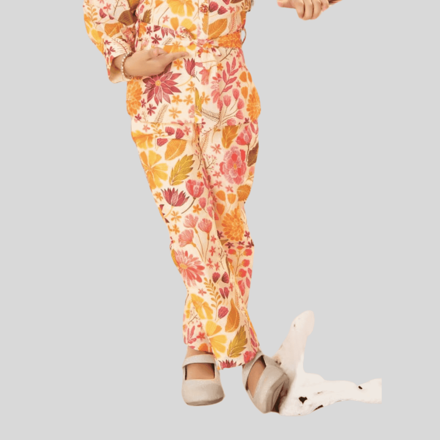 Girls Peach and Mustard Floral Printed Shirt Tunic with Trouser Set