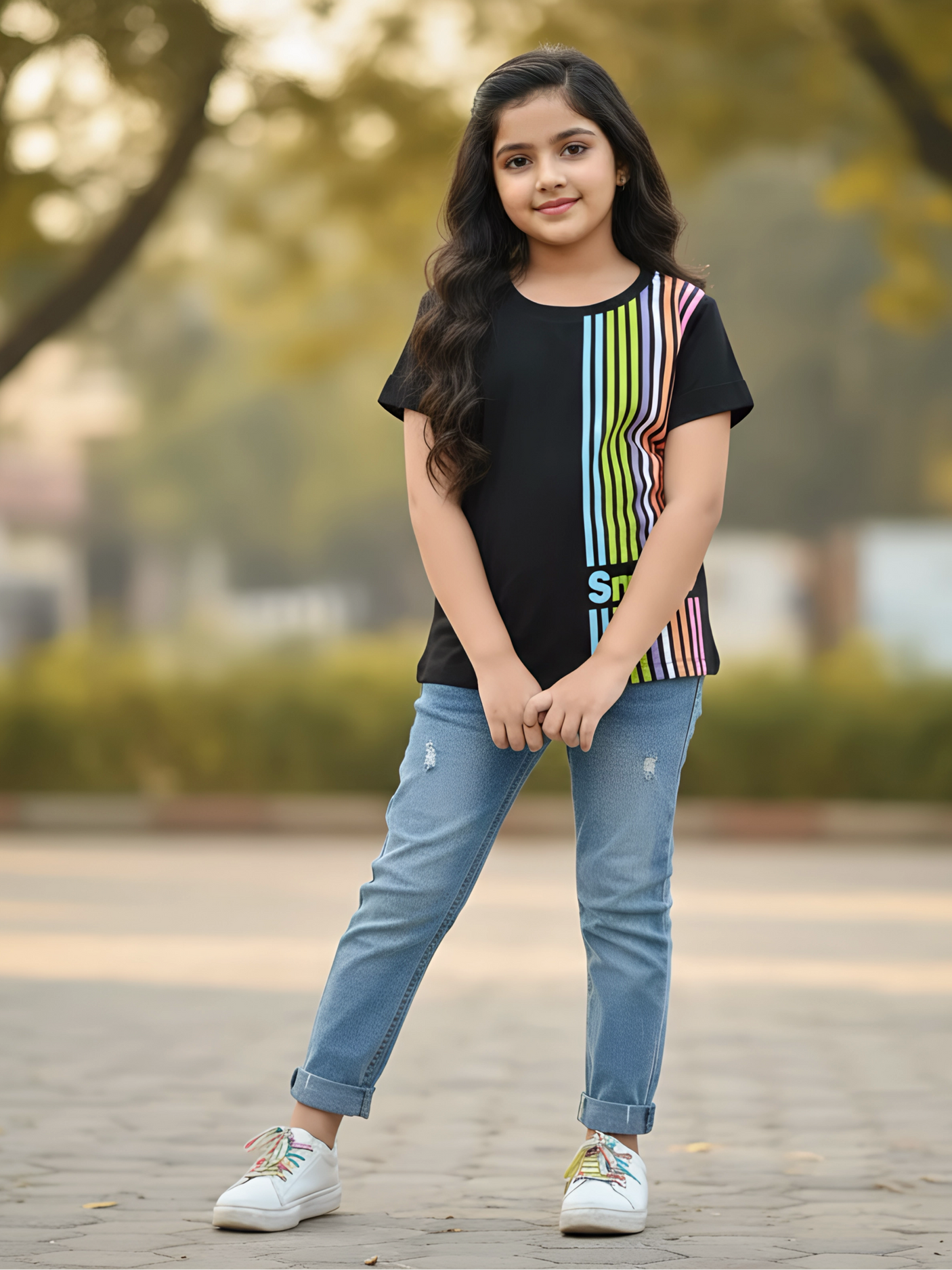 Girls' Vibrant Rainbow Stripe Graphic Top