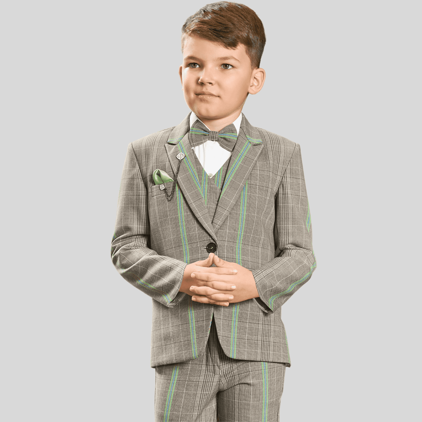 Boys Party 5 Piece Suit With Bow-Grey