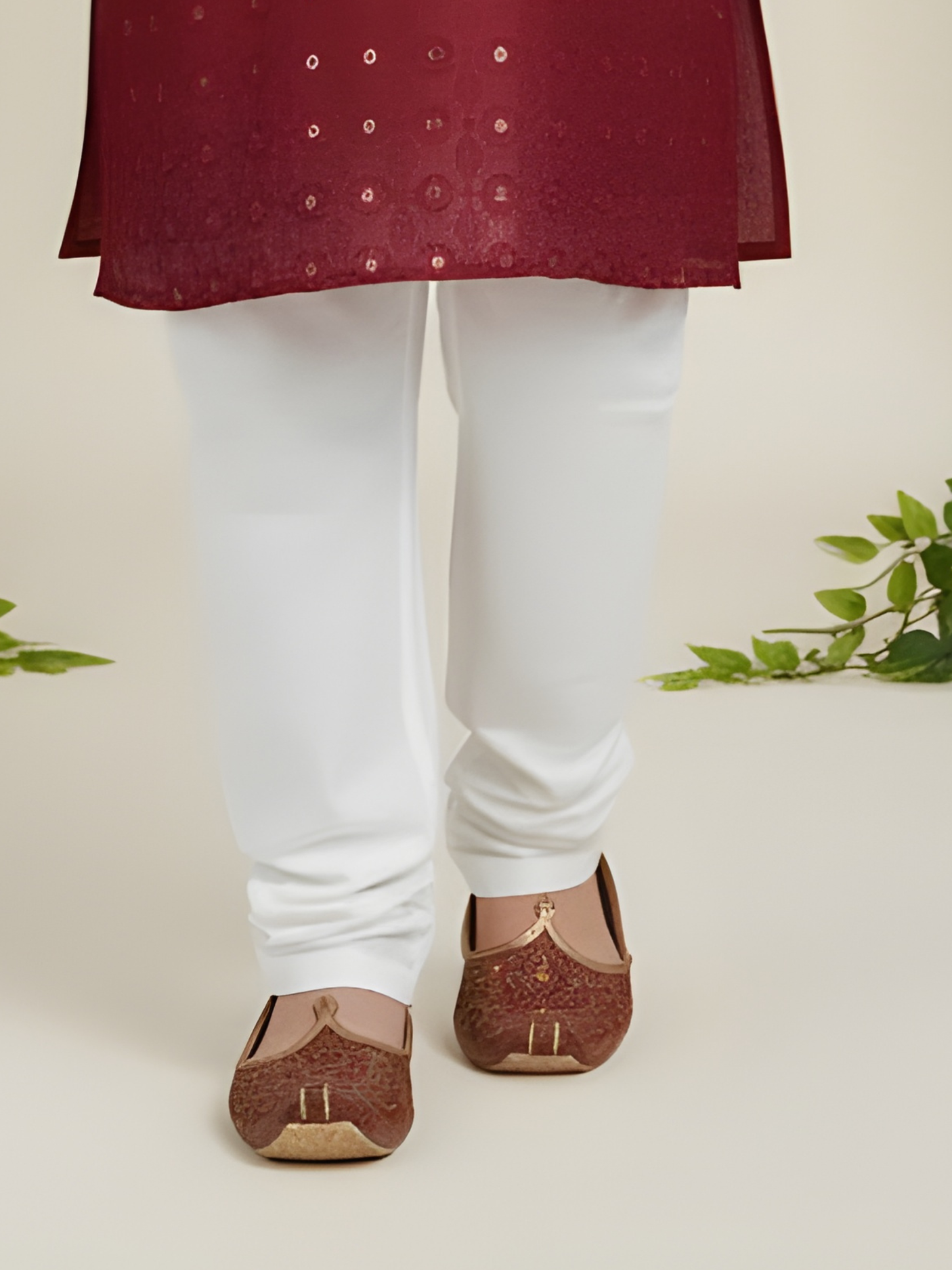 Boys' Maroon Sequin Embroidered Kurta with White Pyjama Set.