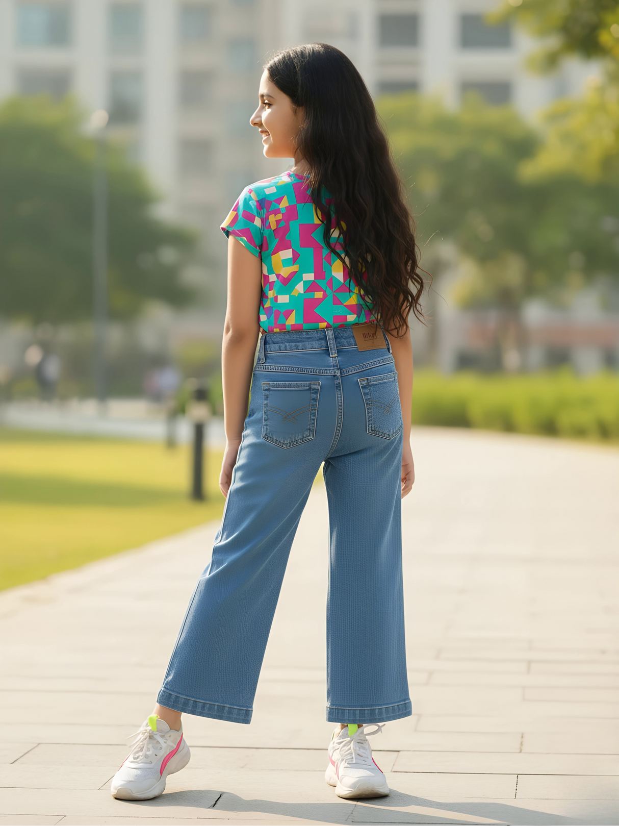 Girls' High-Waist Blue Wide-Leg Denim Jeans