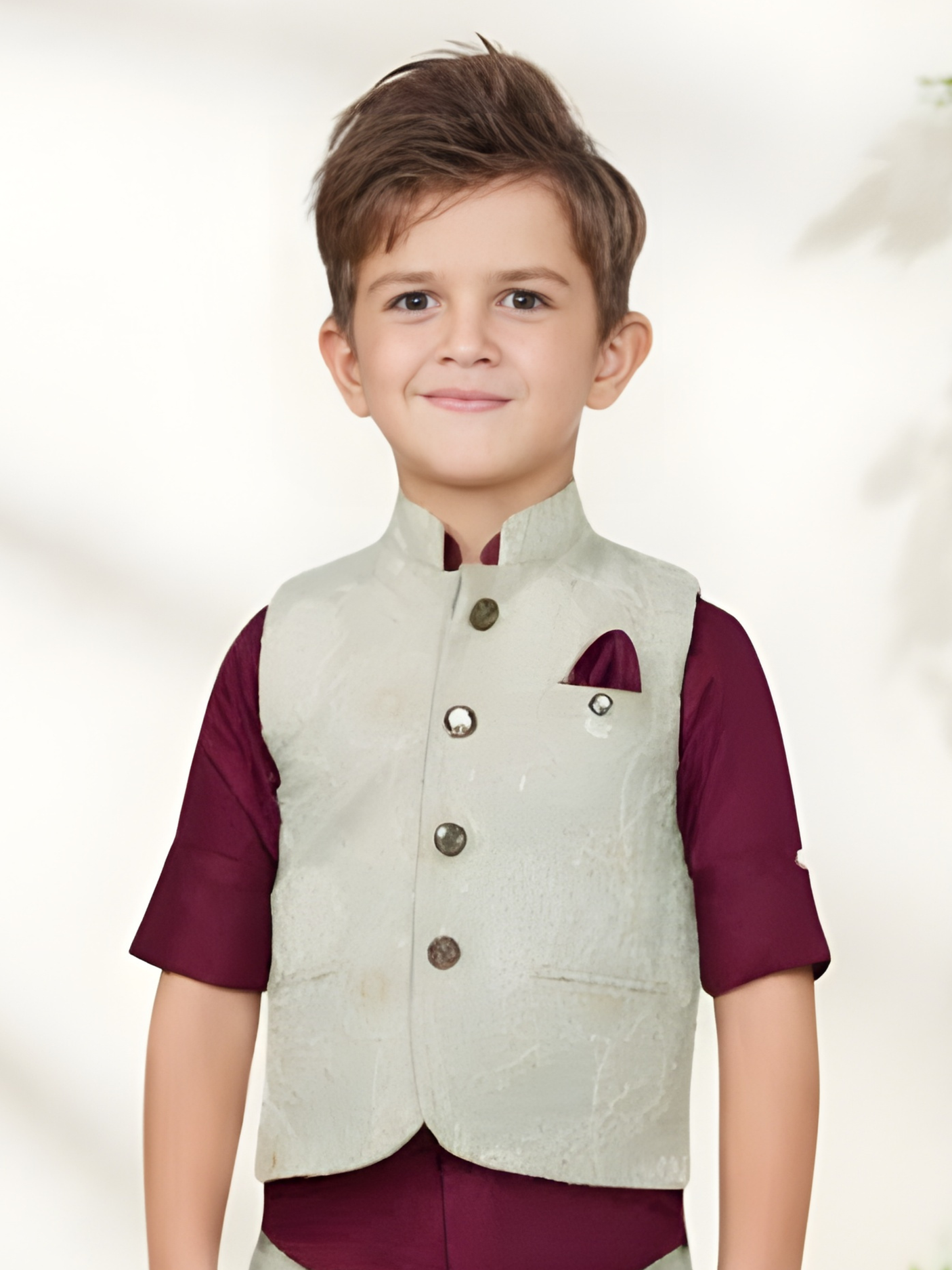 Boys' Sage & Maroon Embroidered Waistcoat Suit Set.