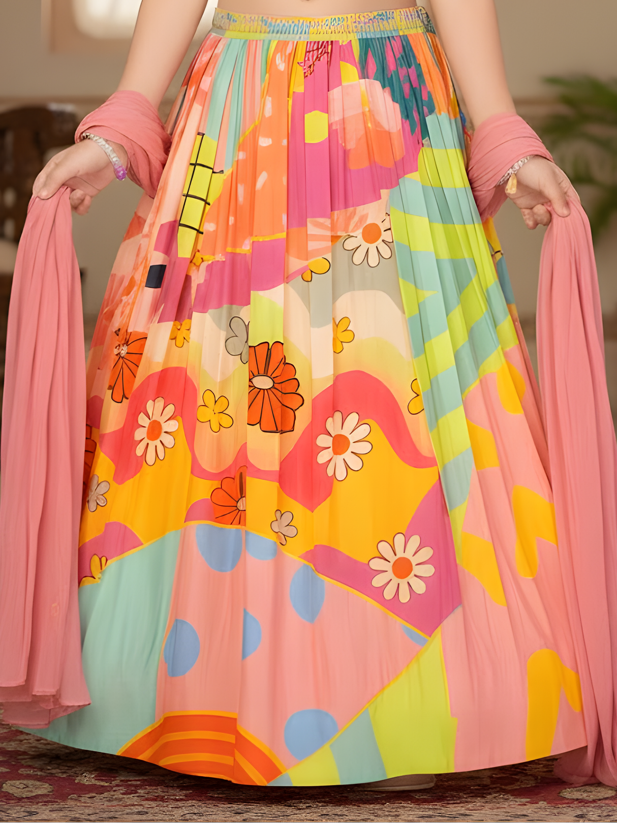 Girls' Bright Yellow Bandhani Print Lehenga Choli Set