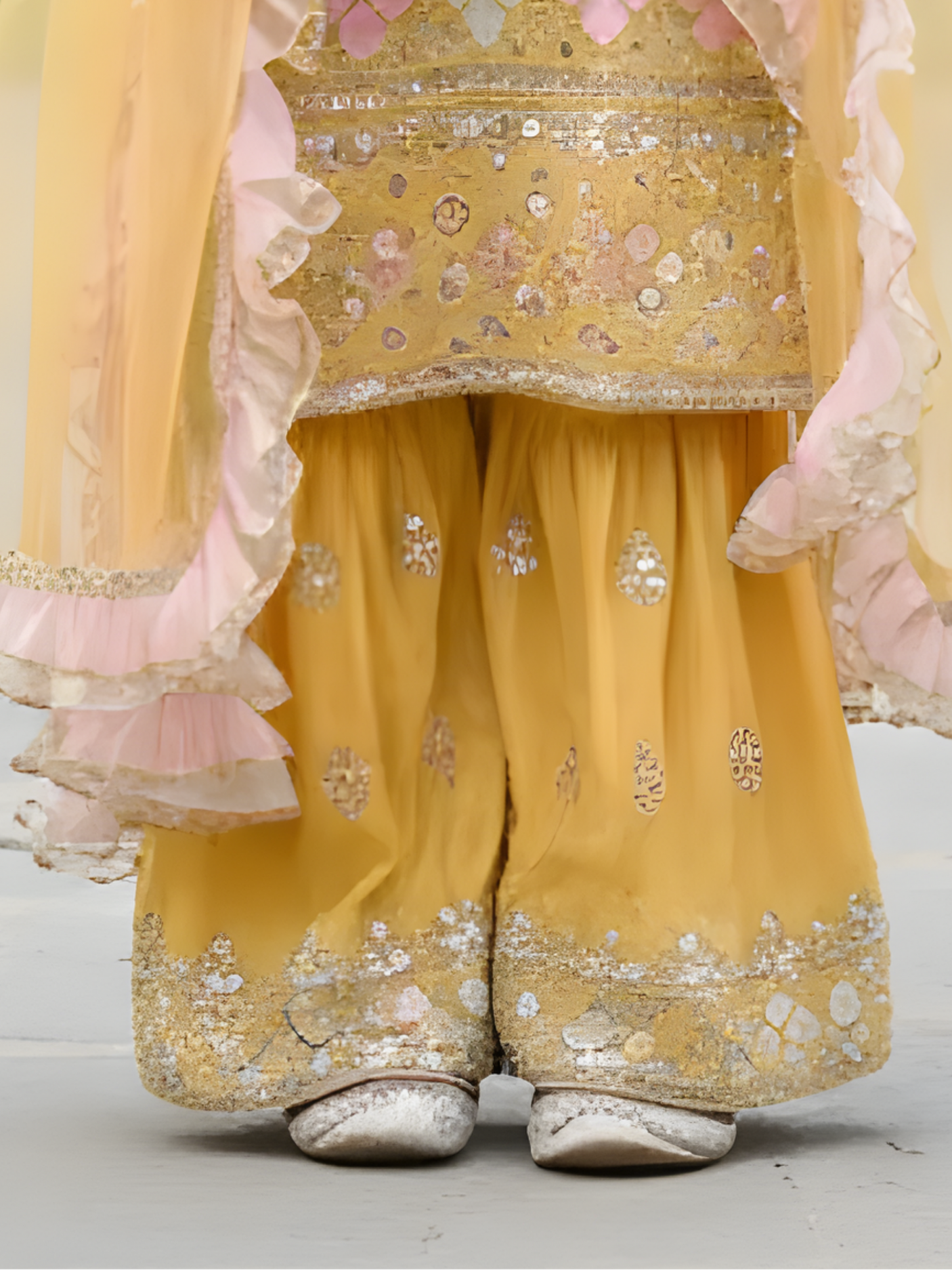 Girls Mustard Yellow Embroidered Sharara Set with Ruffled Dupatta