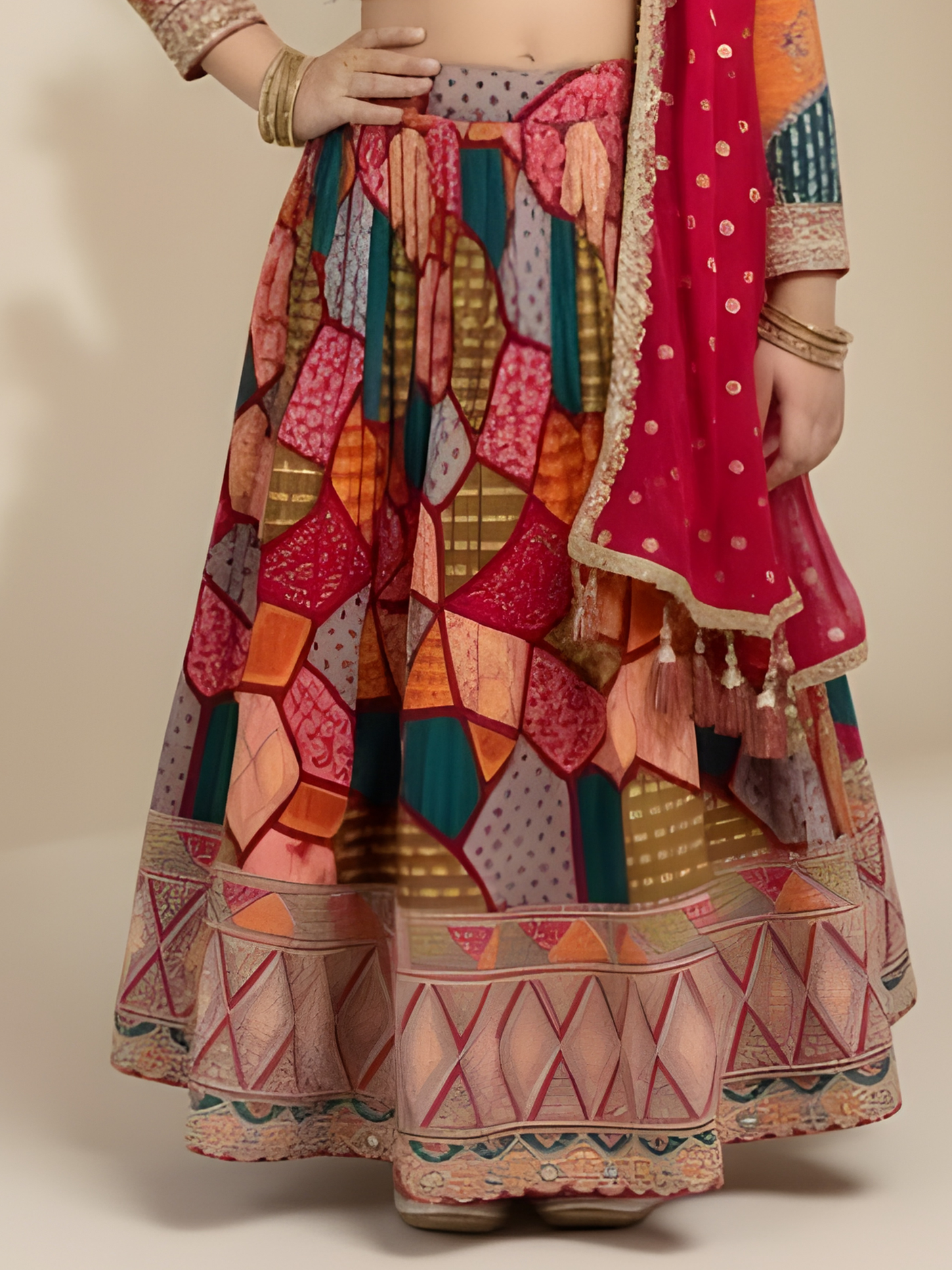 Girls' Deep Pink Floral Print Crop Top (Choli) and Striped Lehenga Set