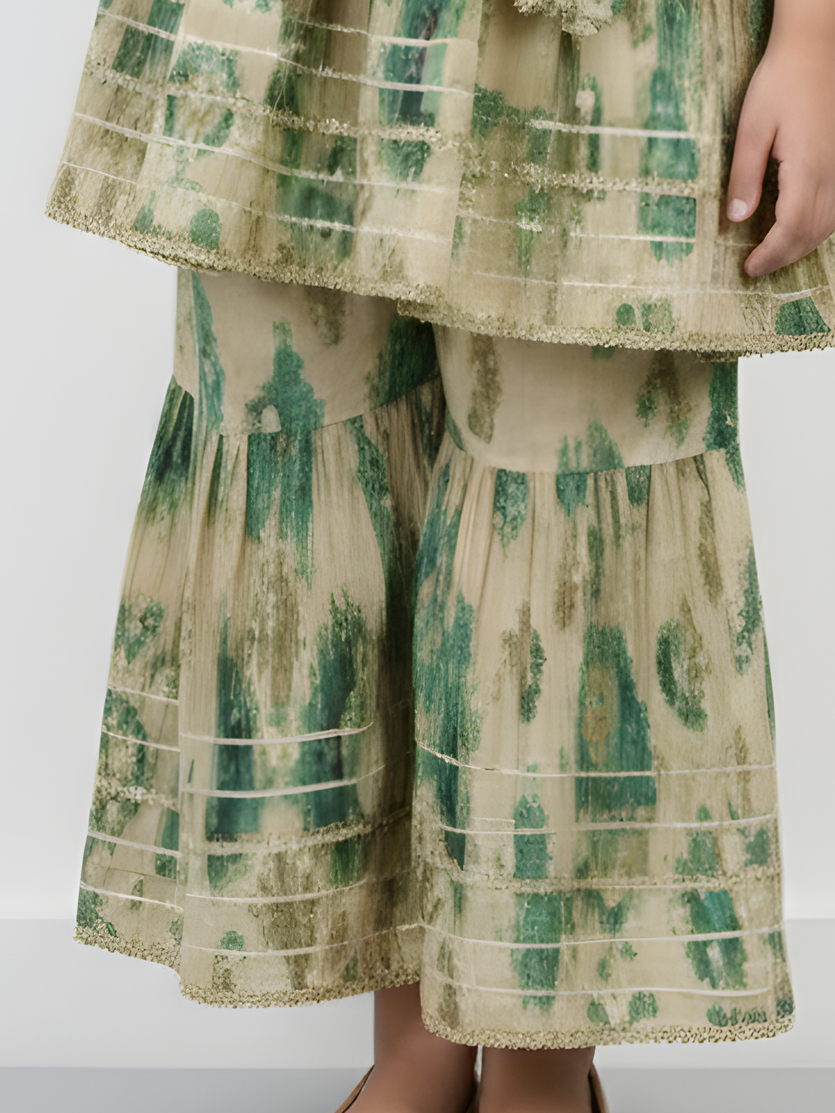 Girls Cream & Green Ikat Print Sharara Set