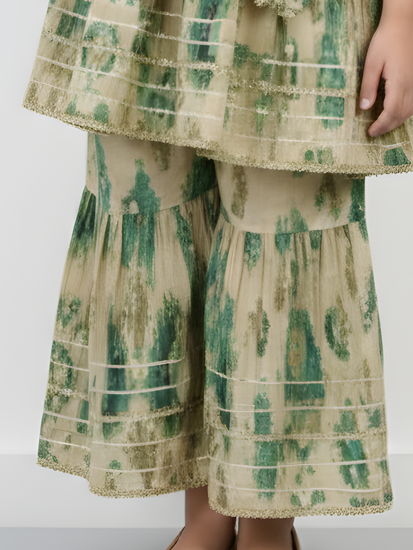 Girls Cream & Green Ikat Print Sharara Set