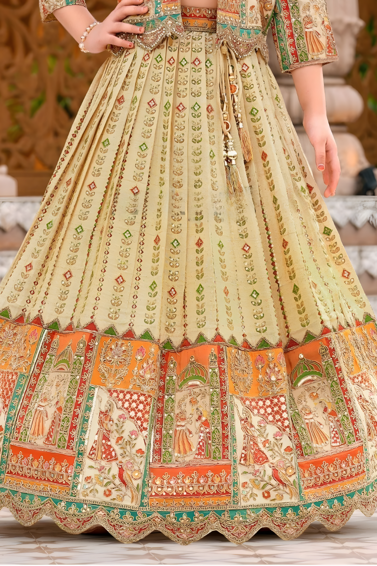 Girls' Elegant Cream & Orange Printed Lehenga Choli with Shrug Jacket