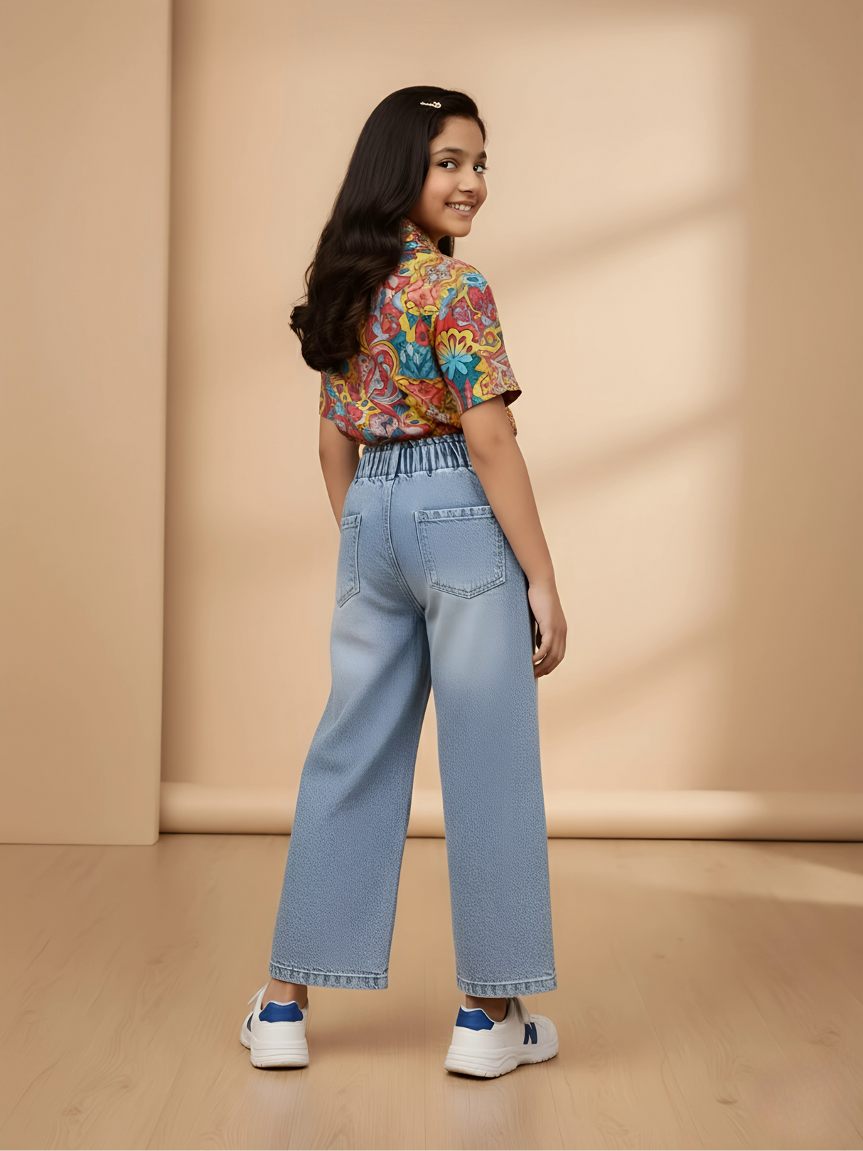 Girls Light Blue High-Waisted Wide Leg Denim Jeans.