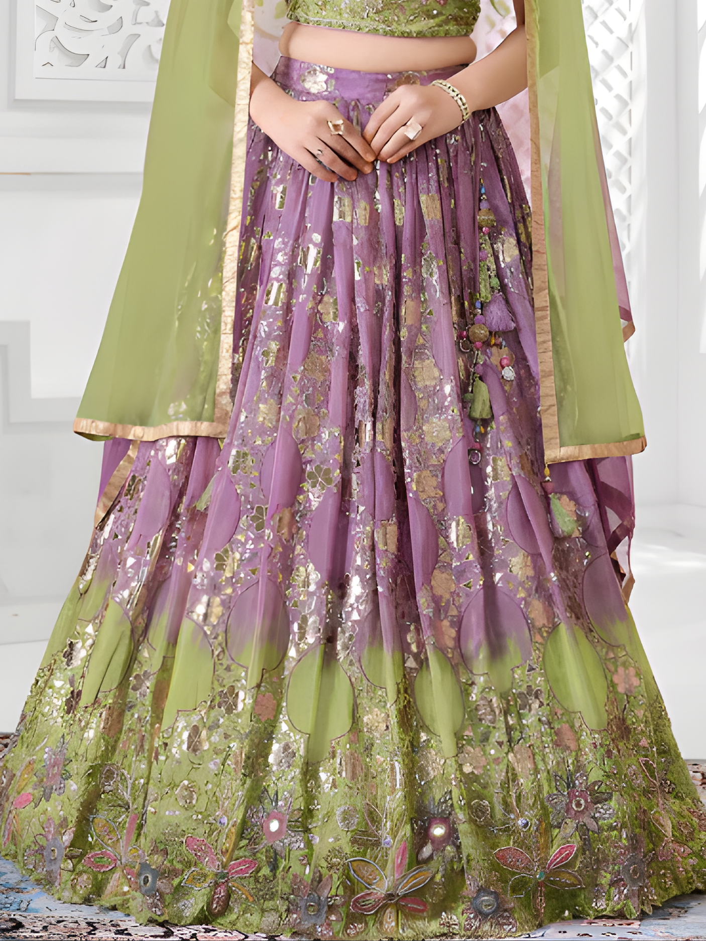 Girls' Dual-Tone Lilac Purple and Lime Green Sequin Lehenga Choli Set