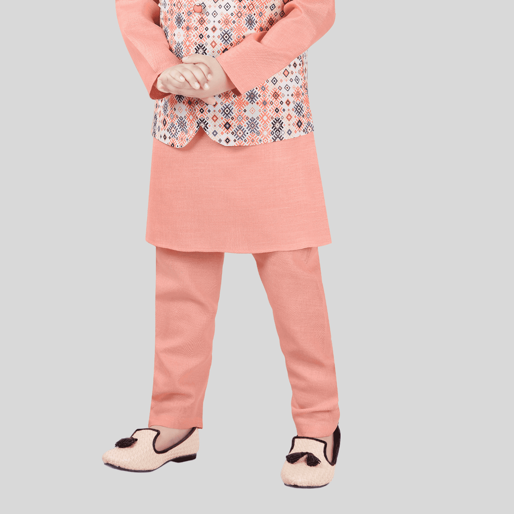 Boys Traditional Printed Chudidar Kurta with Koti - Peach